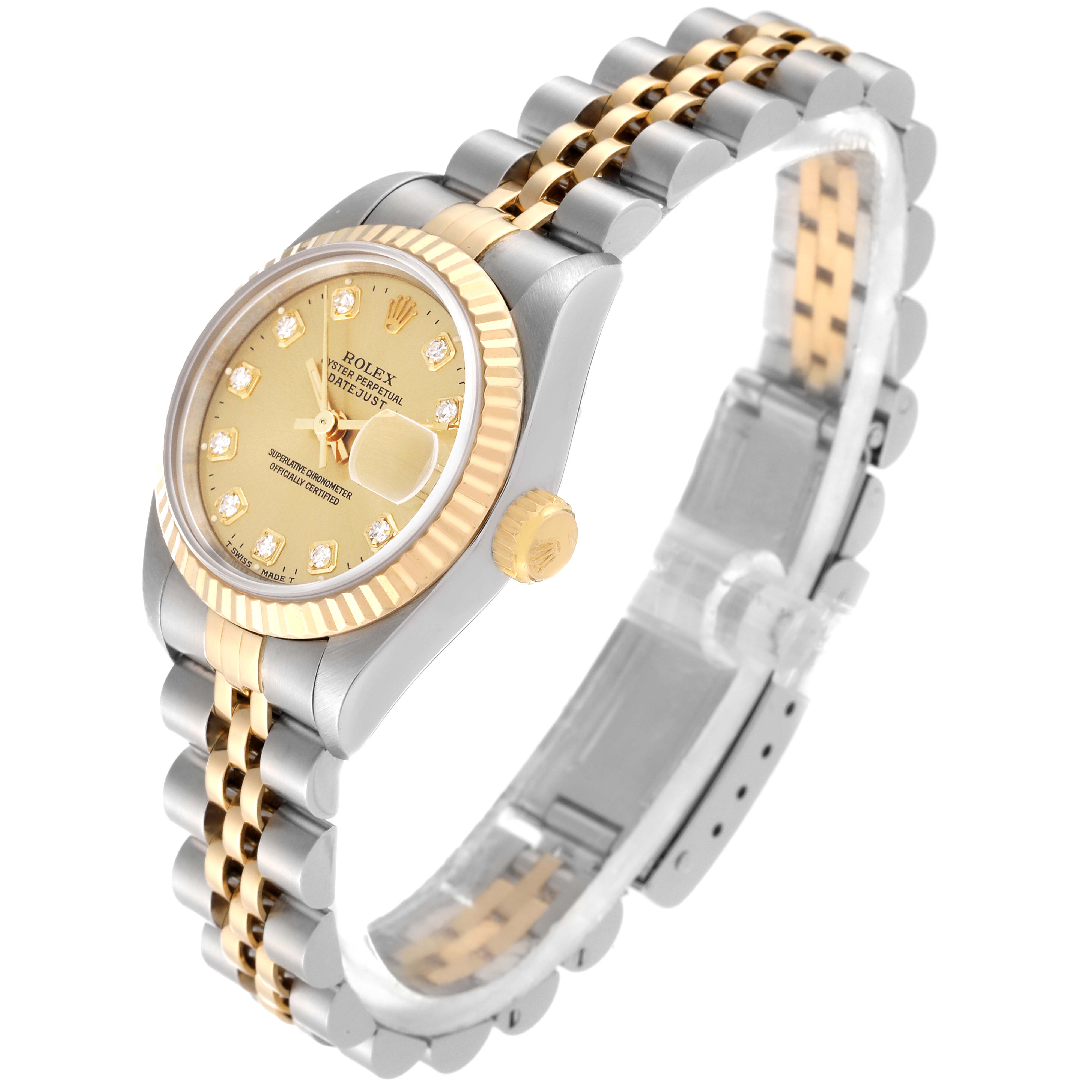 This image shows a Rolex Datejust 69173G Women's Steel and Gold (two tone) Champagne Dial 69173G Women's Steel and Gold (two tone) Champagne Dial watch at an angled view, highlighting the bezel, dial, crown, and two-tone bracelet.