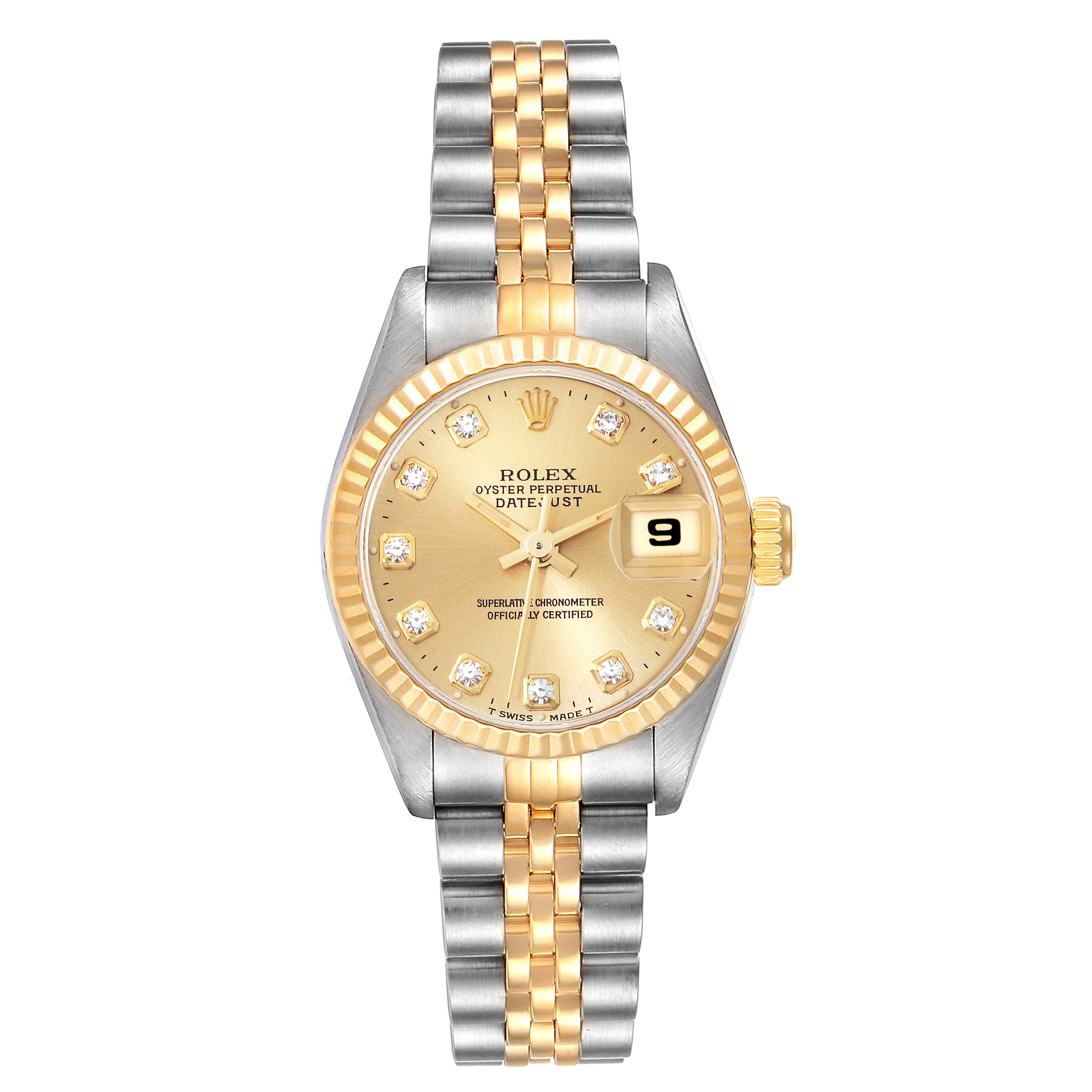 This Rolex Datejust 69173G Women's Steel and Gold (two tone) Champagne Dial 69173G Women's Steel and Gold (two tone) Champagne Dial watch is shown from the front, highlighting its dial, bezel, bracelet, and date magnifier.