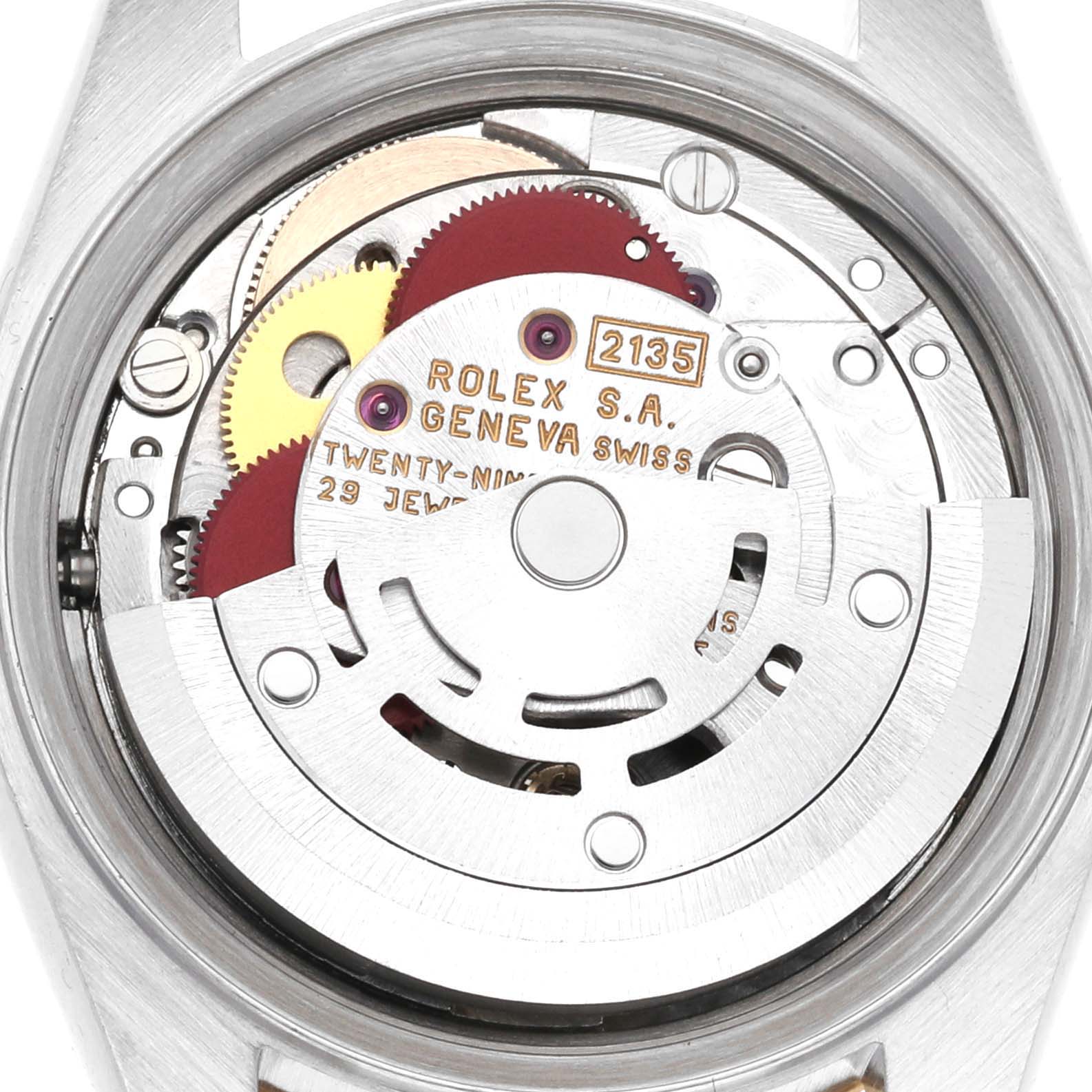 This is a close-up view of the internal mechanism of a Rolex Datejust 69173G Women's Steel and Gold (two tone) Champagne Dial 69173G Women's Steel and Gold (two tone) Champagne Dial watch, showcasing its movement parts.