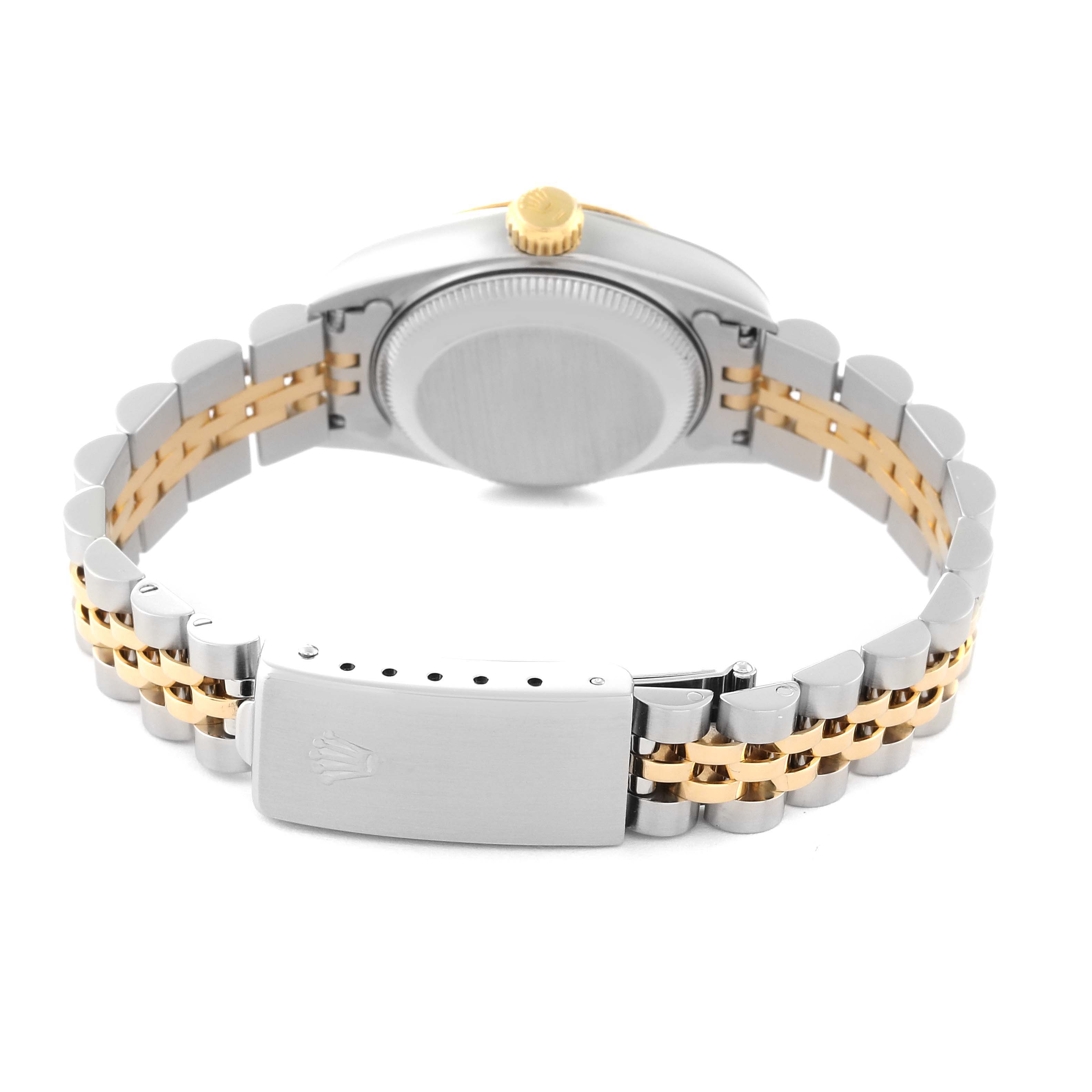 The image shows the back view of the Rolex Datejust 69173G Women's Steel and Gold (two tone) Champagne Dial 69173G Women's Steel and Gold (two tone) Champagne Dial, focusing on the case back, crown, and two-tone bracelet with the clasp.