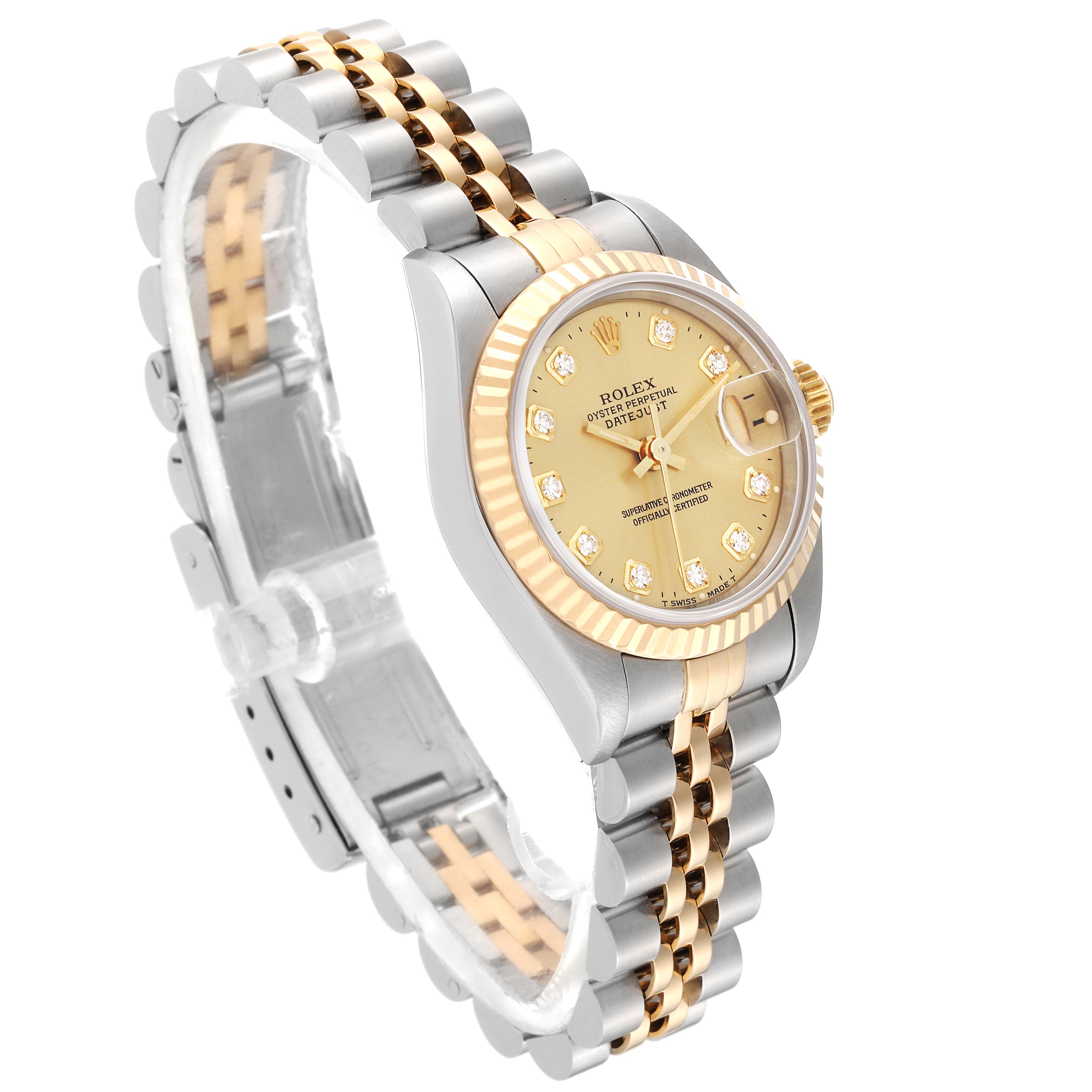 The image shows a Rolex Datejust 69173G Women's Steel and Gold (two tone) Champagne Dial 69173G Women's Steel and Gold (two tone) Champagne Dial watch angled slightly from above, highlighting its face and bracelet.