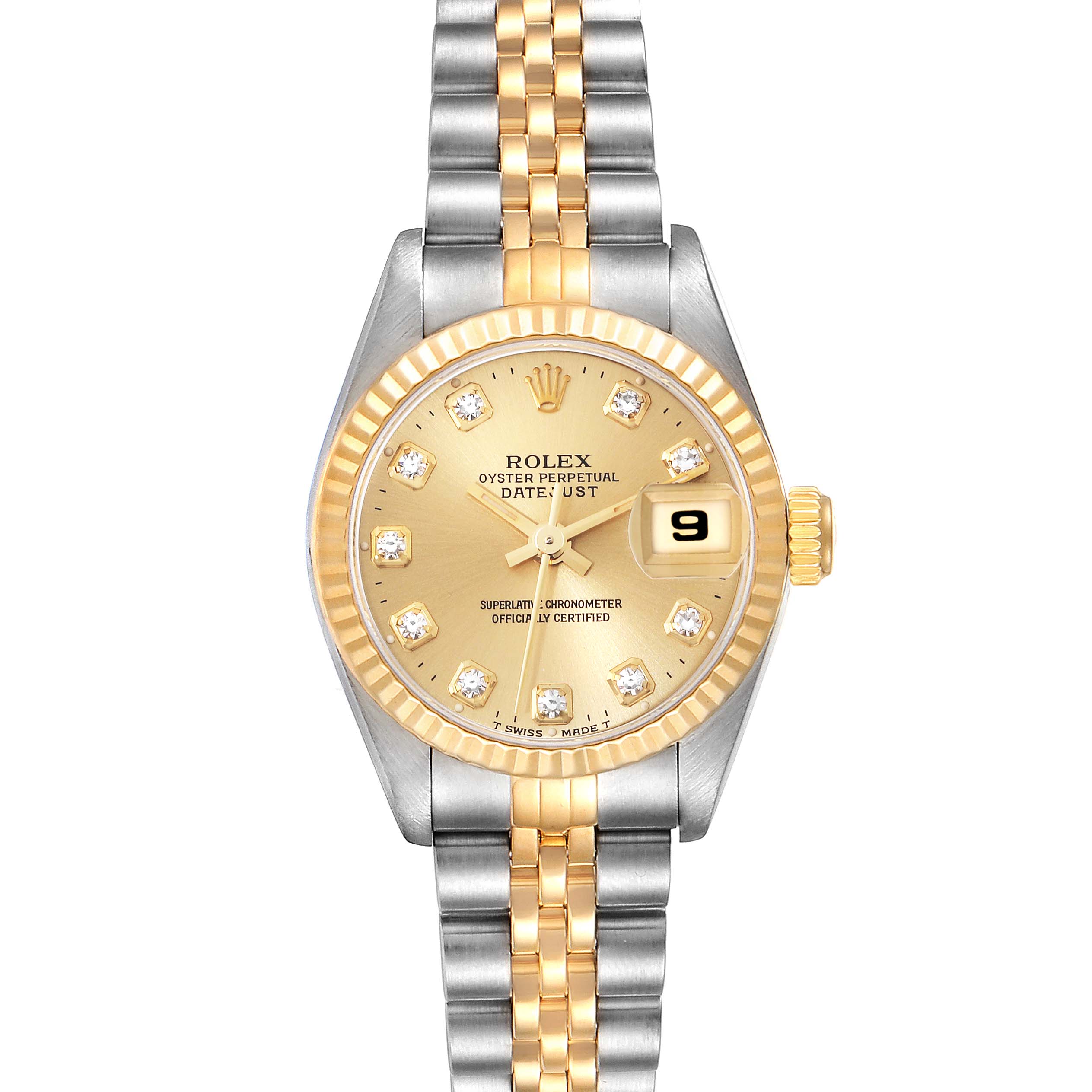 The Rolex Datejust 69173G Women's Steel and Gold (two tone) Champagne Dial 69173G Women's Steel and Gold (two tone) Champagne Dial watch is shown from a top-down angle, displaying its gold-tone dial, diamond hour markers, and two-tone bracelet.