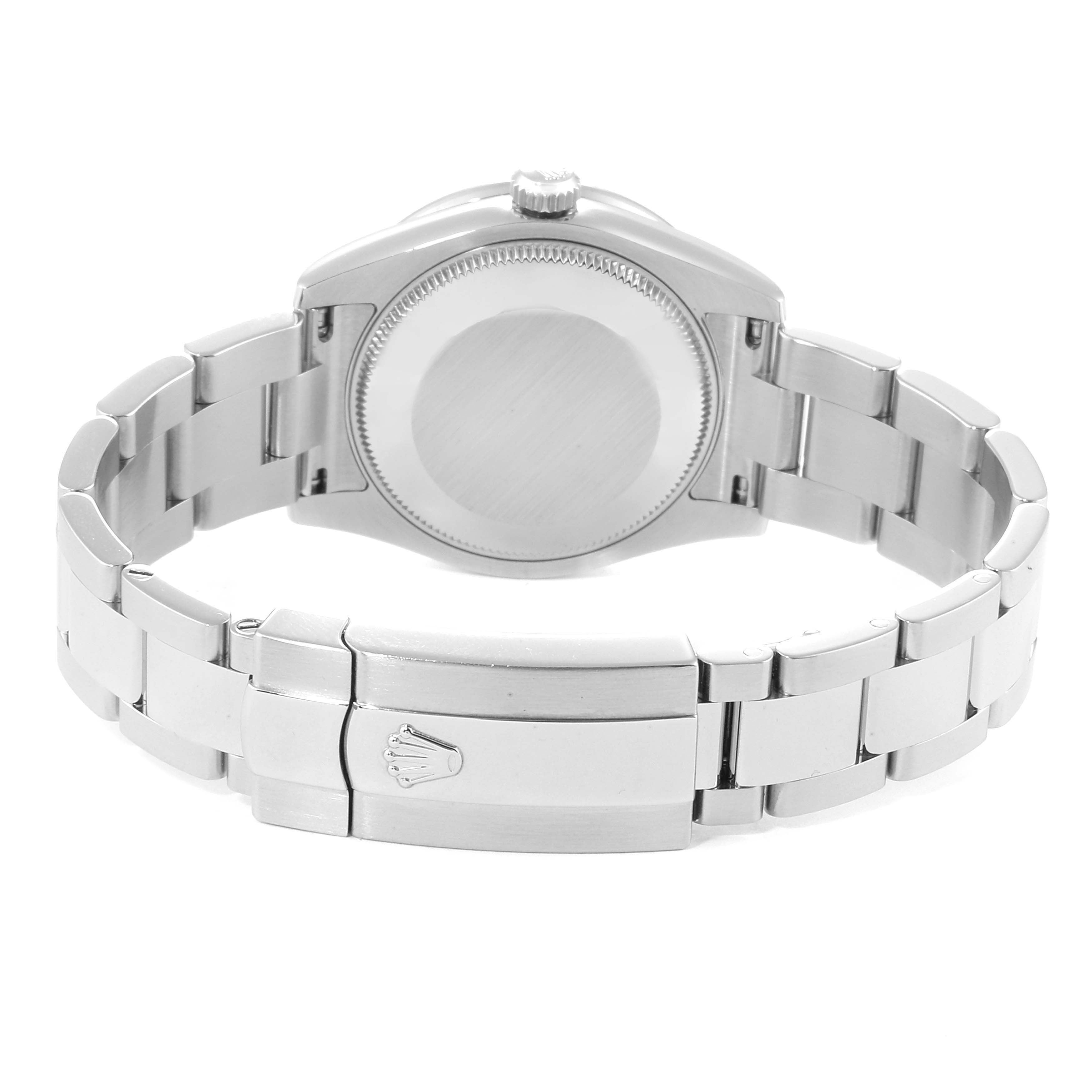 The image shows the back view of the Rolex Mid-Size 178384 Women's Stainless Steel Brown Dial 178384 Women's Stainless Steel Brown Dial model, highlighting the case back and metal bracelet.