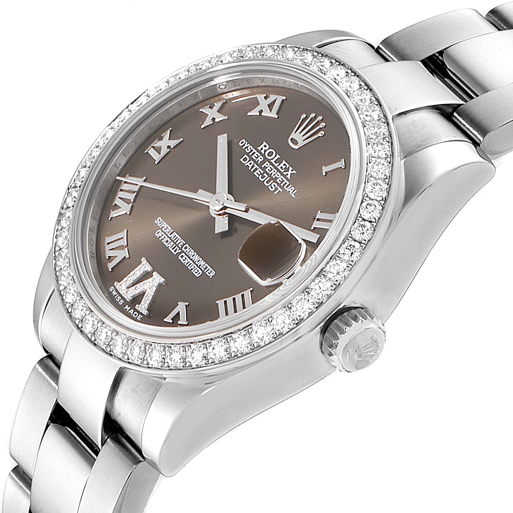 The image shows a close-up of a Rolex Mid-Size 178384 Women's Stainless Steel Brown Dial 178384 Women's Stainless Steel Brown Dial Oyster Perpetual Datejust watch, highlighting the dial, bezel, crown, and part of the bracelet.