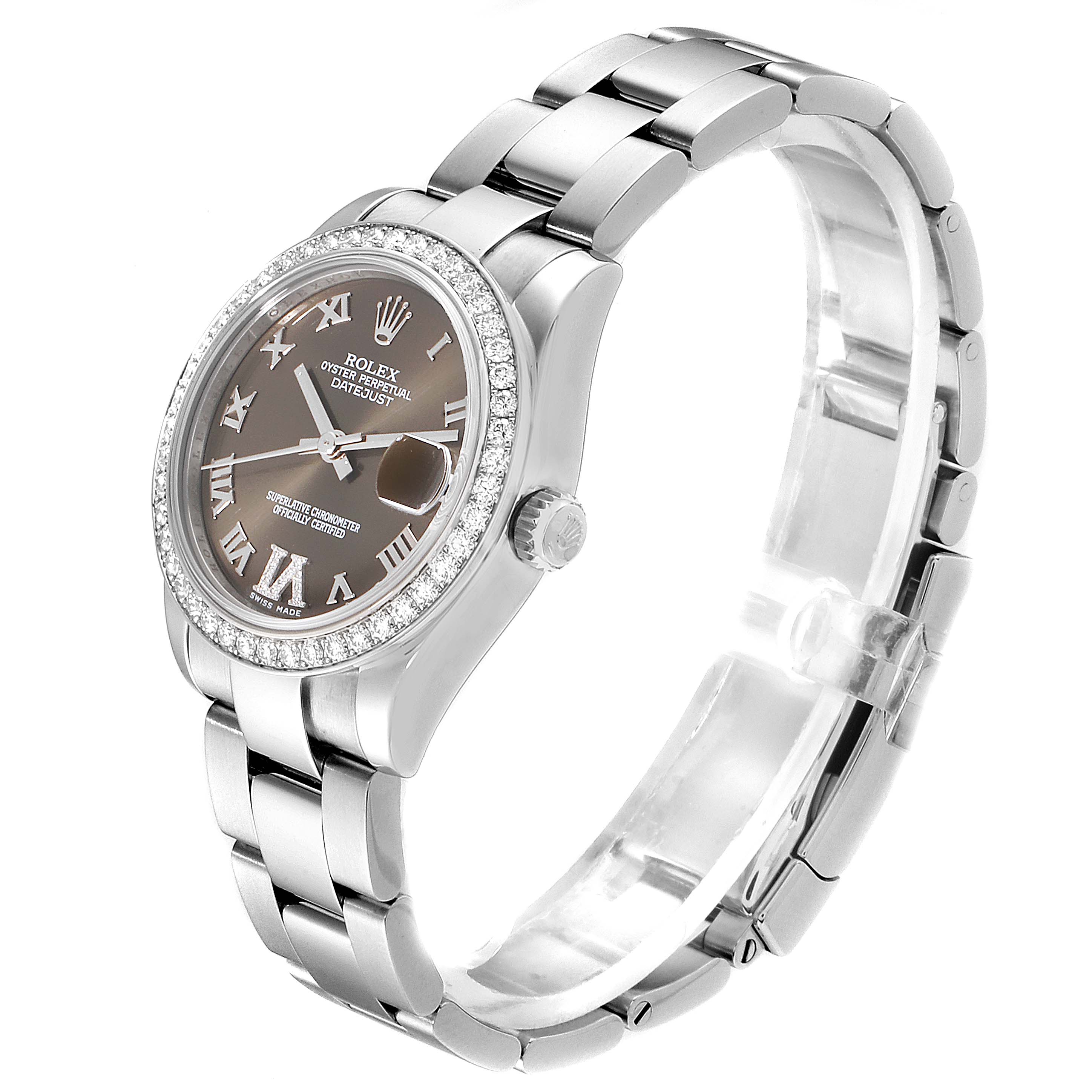 The image shows a side angle of a Rolex Mid-Size 178384 Women's Stainless Steel Brown Dial 178384 Women's Stainless Steel Brown Dial Datejust watch, highlighting its bezel, dial, and bracelet.
