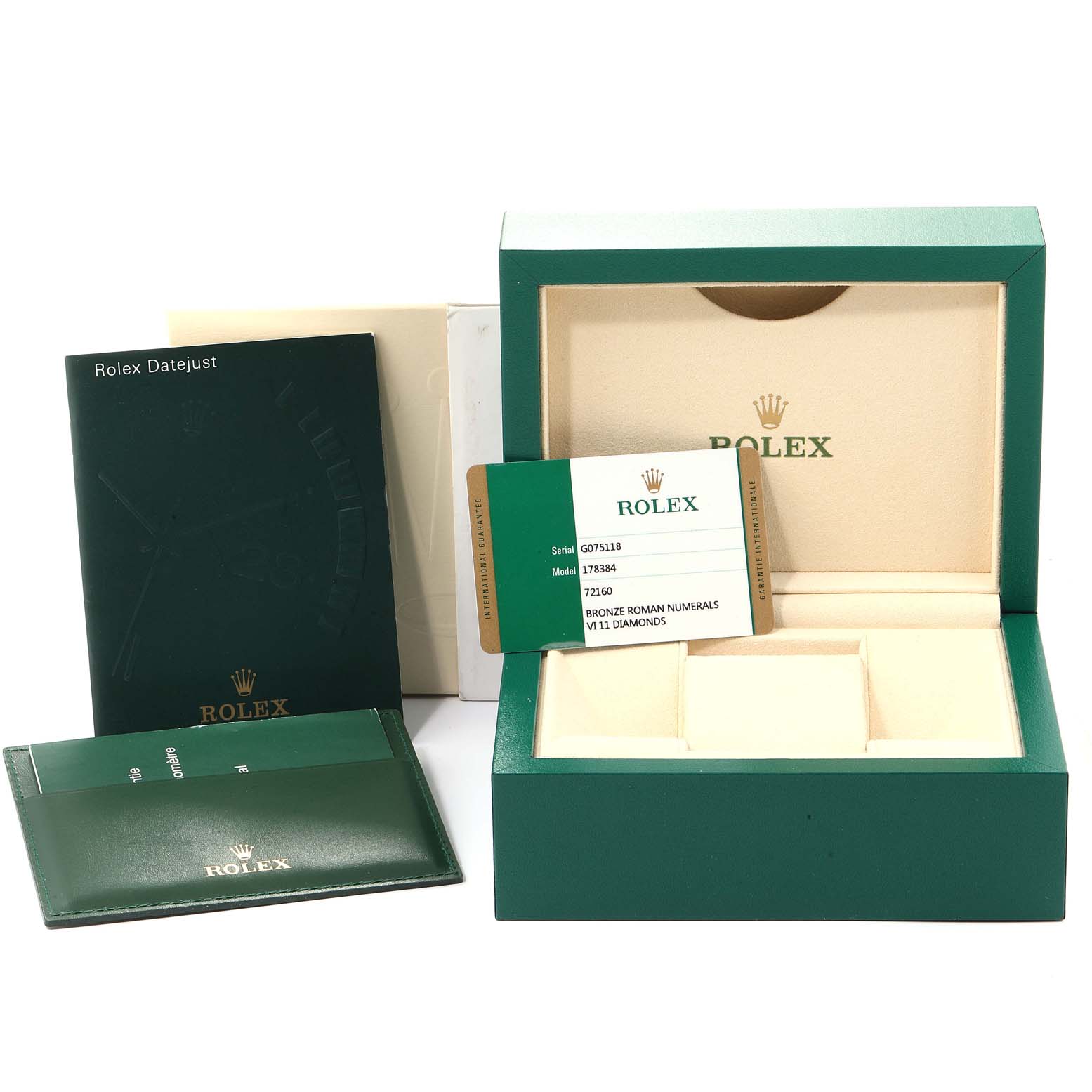 This image shows the packaging, warranty card, manual, and empty box for a Rolex Mid-Size 178384 Women's Stainless Steel Brown Dial 178384 Women's Stainless Steel Brown Dial Datejust watch.