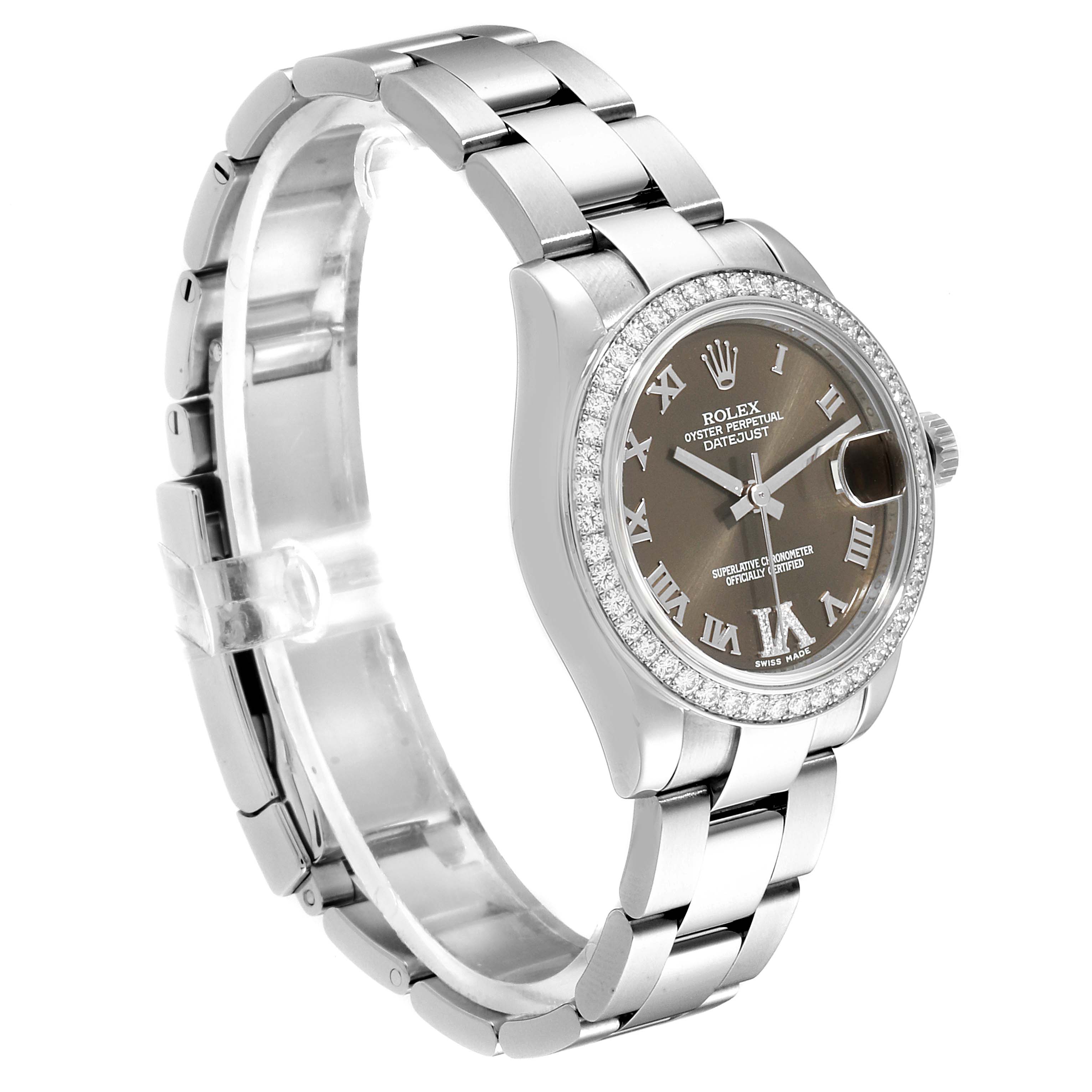 The image shows a side angle of the Rolex Mid-Size 178384 Women's Stainless Steel Brown Dial 178384 Women's Stainless Steel Brown Dial Oyster Perpetual Datejust watch, highlighting its bracelet, bezel, and dial.
