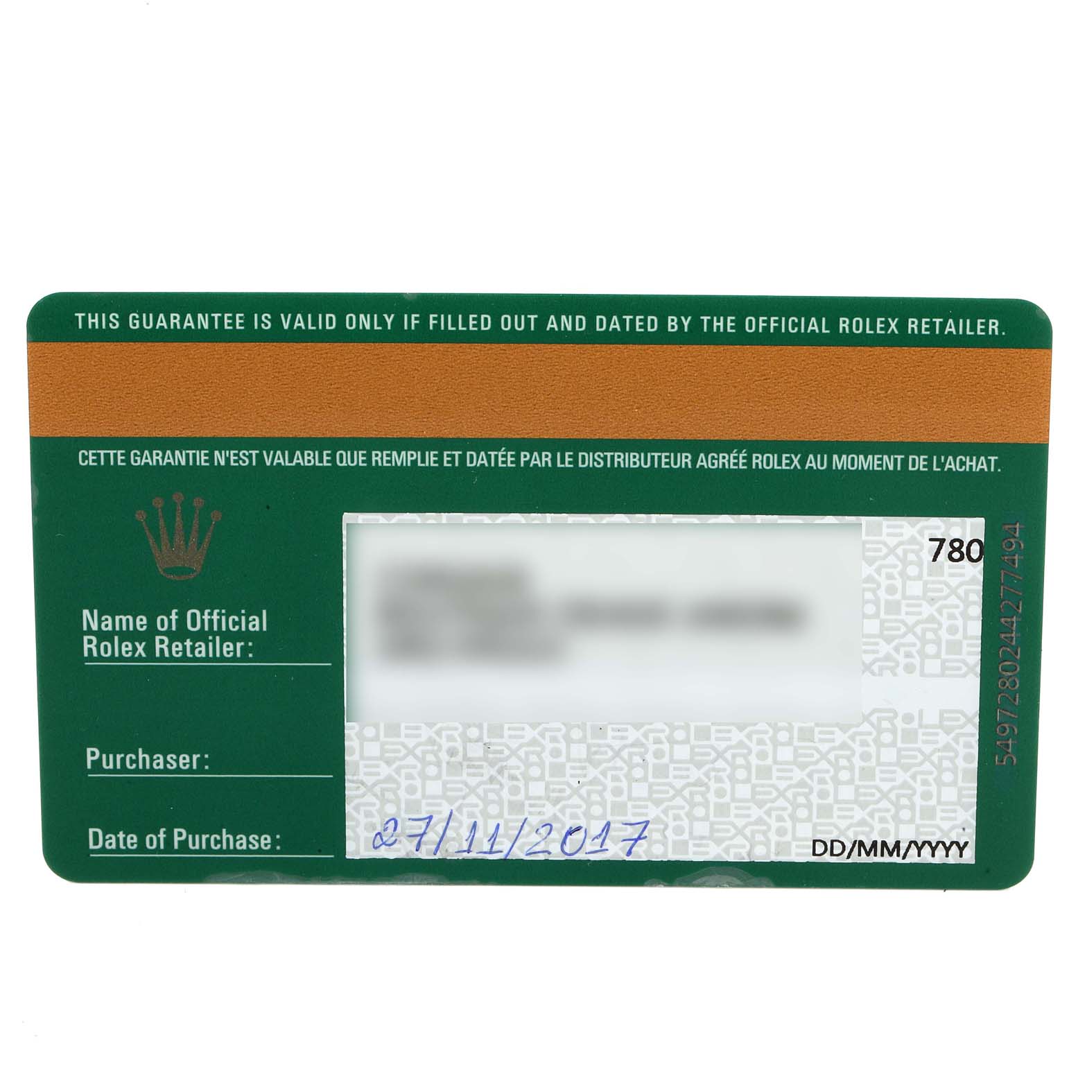 This image shows the warranty card for a Mid-Size Rolex watch.