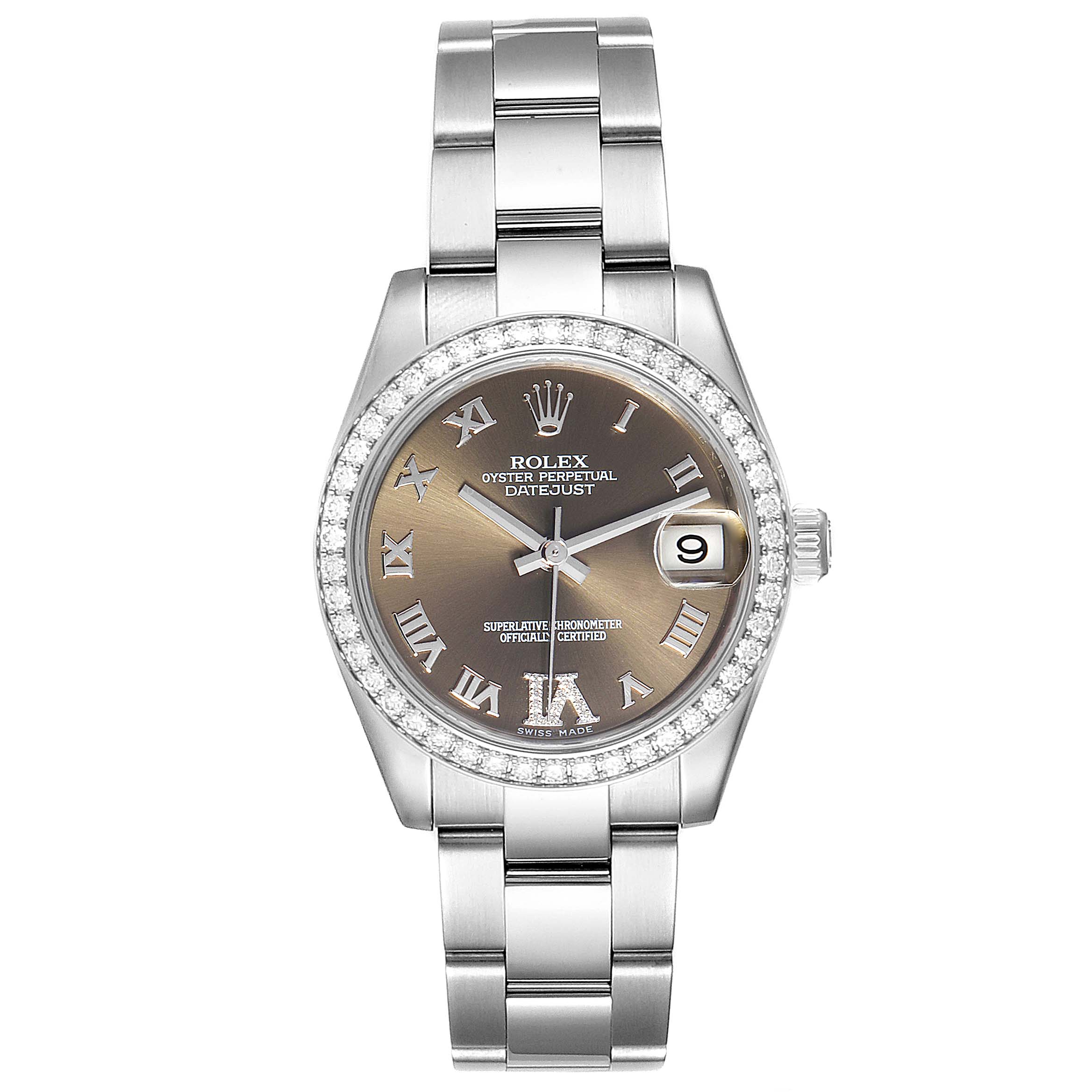 This image shows a front view of the Rolex Oyster Perpetual Datejust Mid-Size watch, displaying the bracelet, bezel, dial, and crown.