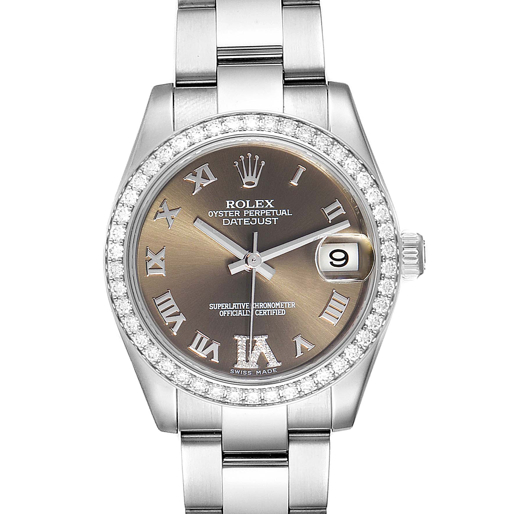 This image shows a front view of a Rolex Mid-Size 178384 Women's Stainless Steel Brown Dial 178384 Women's Stainless Steel Brown Dial Oyster Perpetual Datejust watch, highlighting the dial, bezel, and bracelet.
