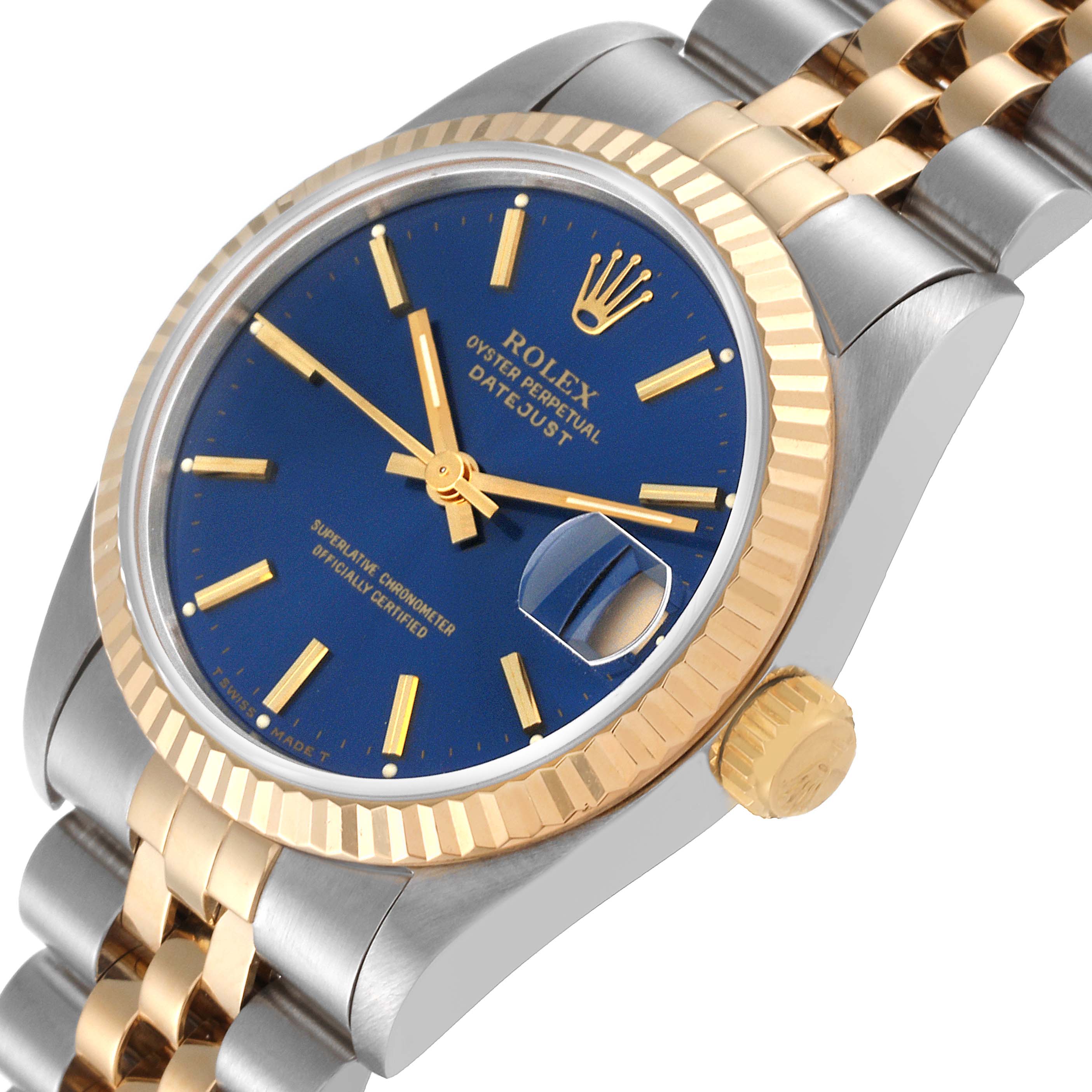 The image depicts a Rolex Mid-Size 68273 Women's Steel and Gold (two tone) Blue Dial 68273 Women's Steel and Gold (two tone) Blue Dial Datejust watch at a slight angle, showing the blue dial, bezel, crown, and part of the bracelet.