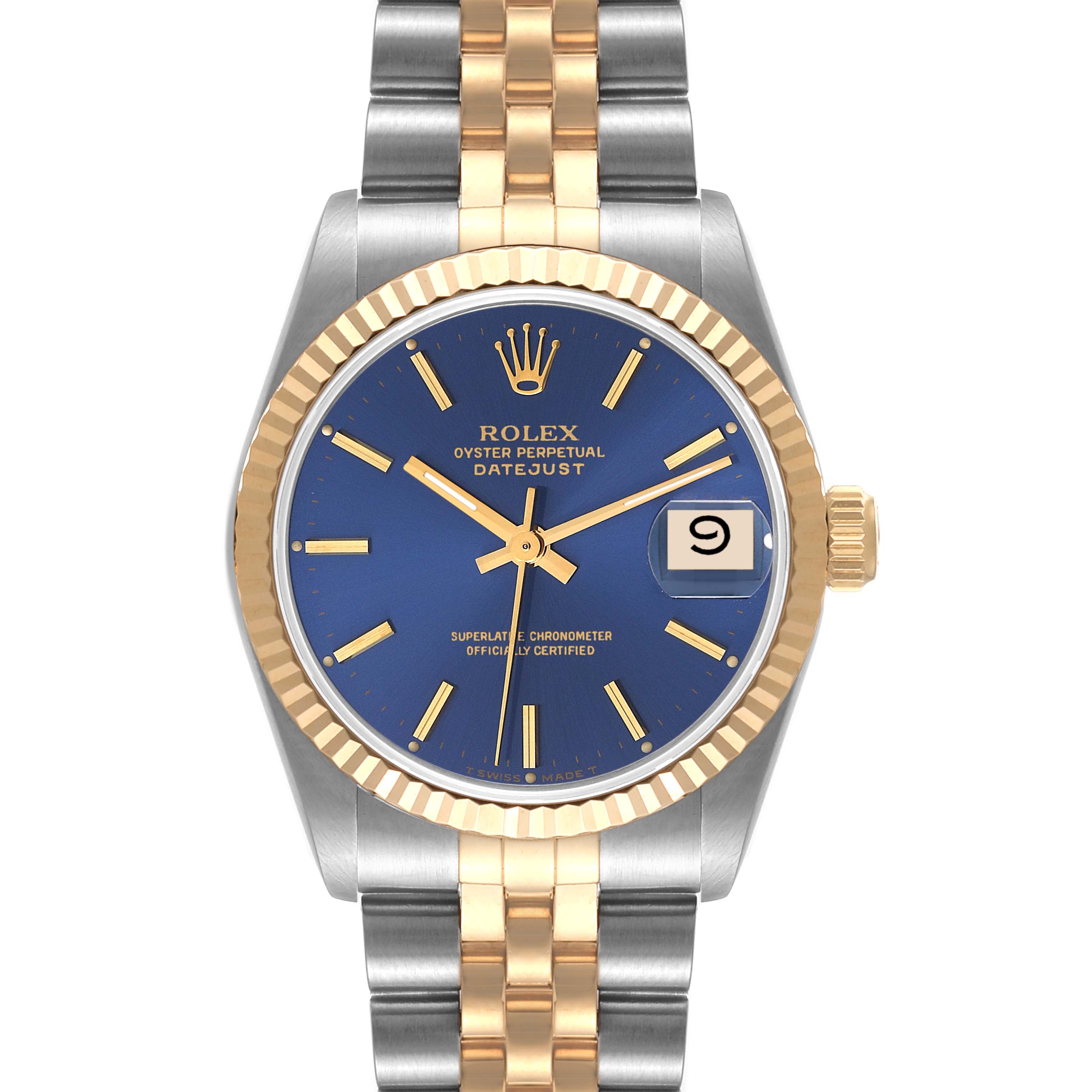 This image shows a Rolex Mid-Size 68273 Women's Steel and Gold (two tone) Blue Dial 68273 Women's Steel and Gold (two tone) Blue Dial Datejust watch from the front, highlighting the blue dial, date window, and two-tone bracelet.