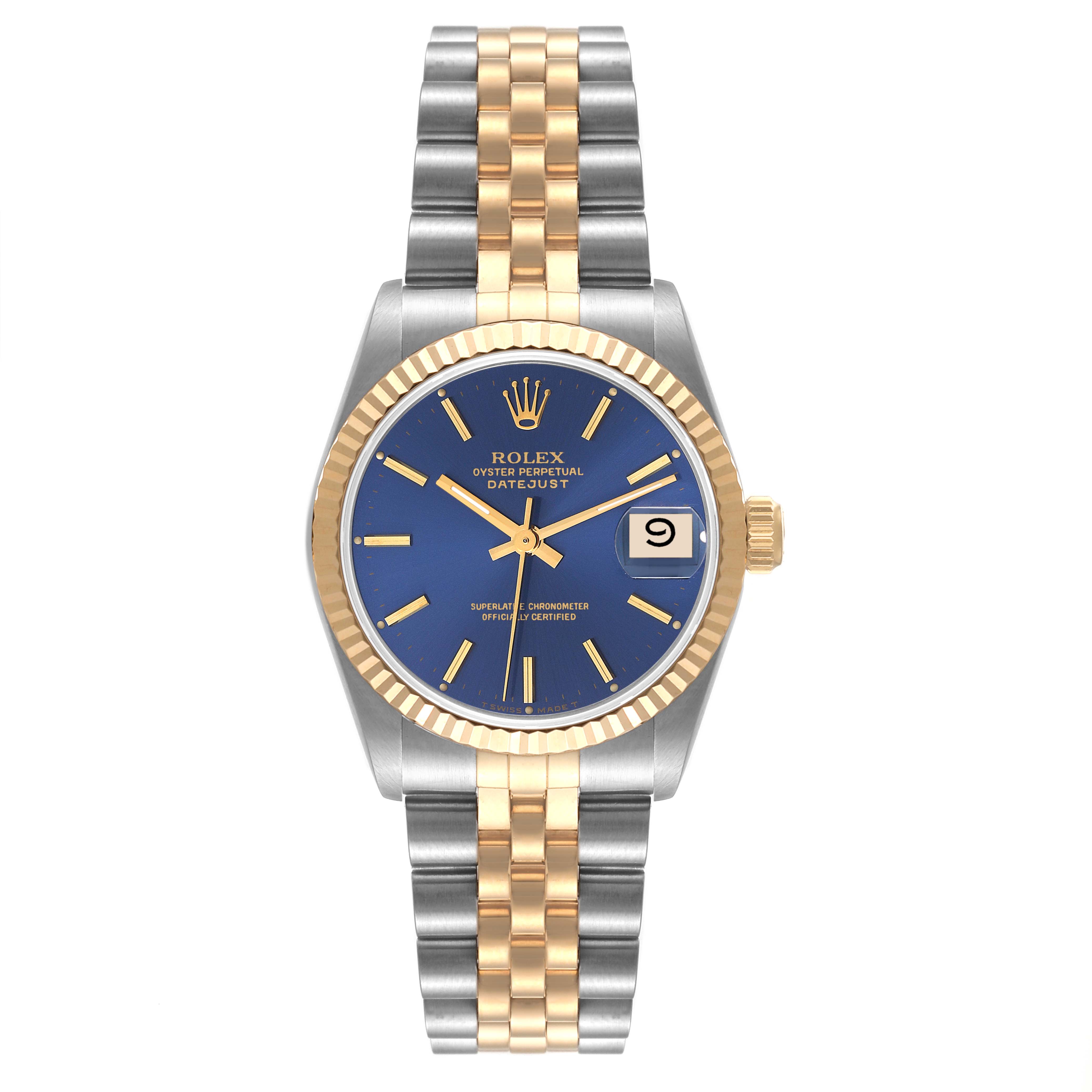 This image shows a front view of a Rolex Oyster Perpetual Datejust Mid-Size watch, featuring the face, bezel, bracelet, and crown.