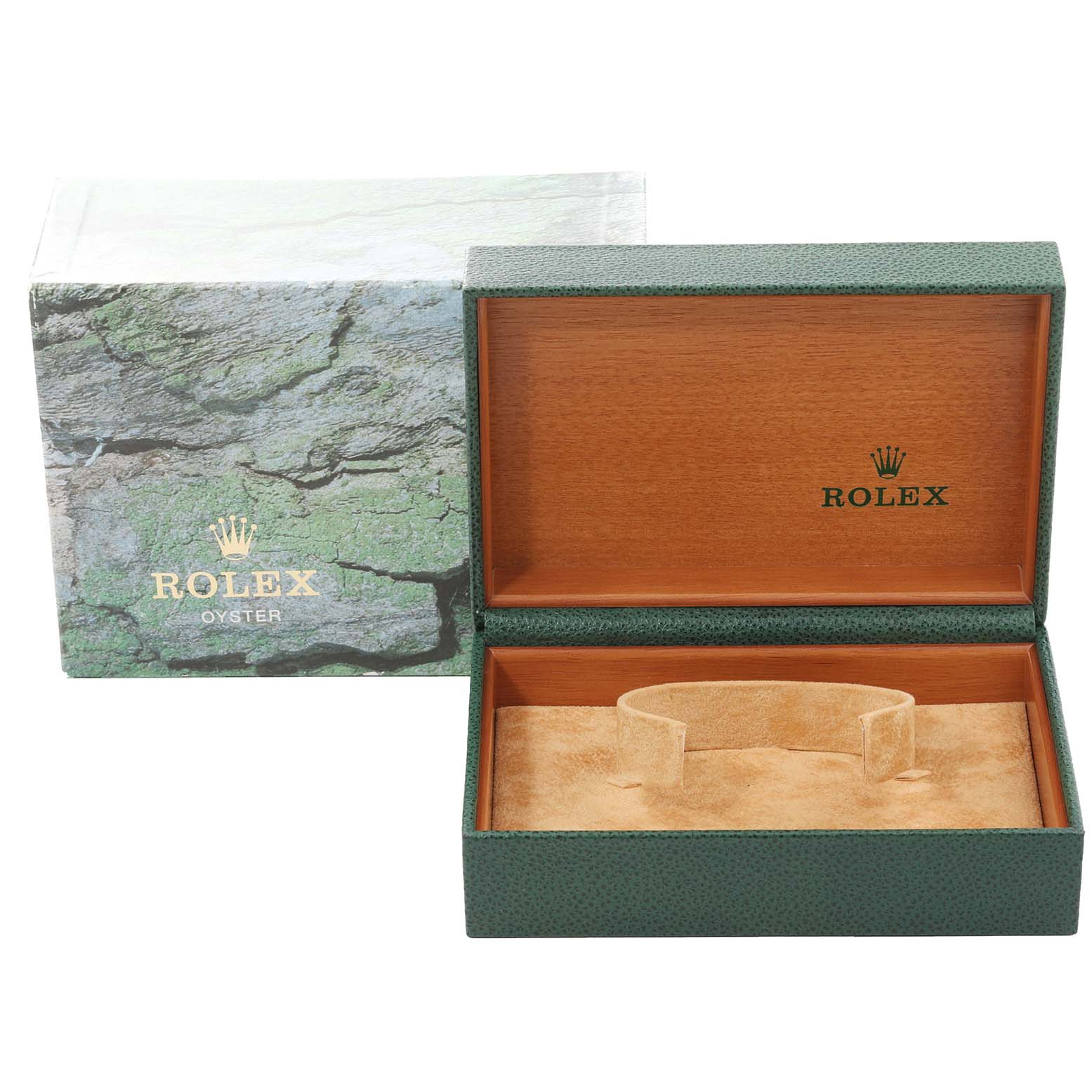 The image displays a Rolex Mid-Size 68273 Women's Steel and Gold (two tone) Blue Dial 68273 Women's Steel and Gold (two tone) Blue Dial watch box and outer packaging at a front angle, showing the interior and the watch cushion.