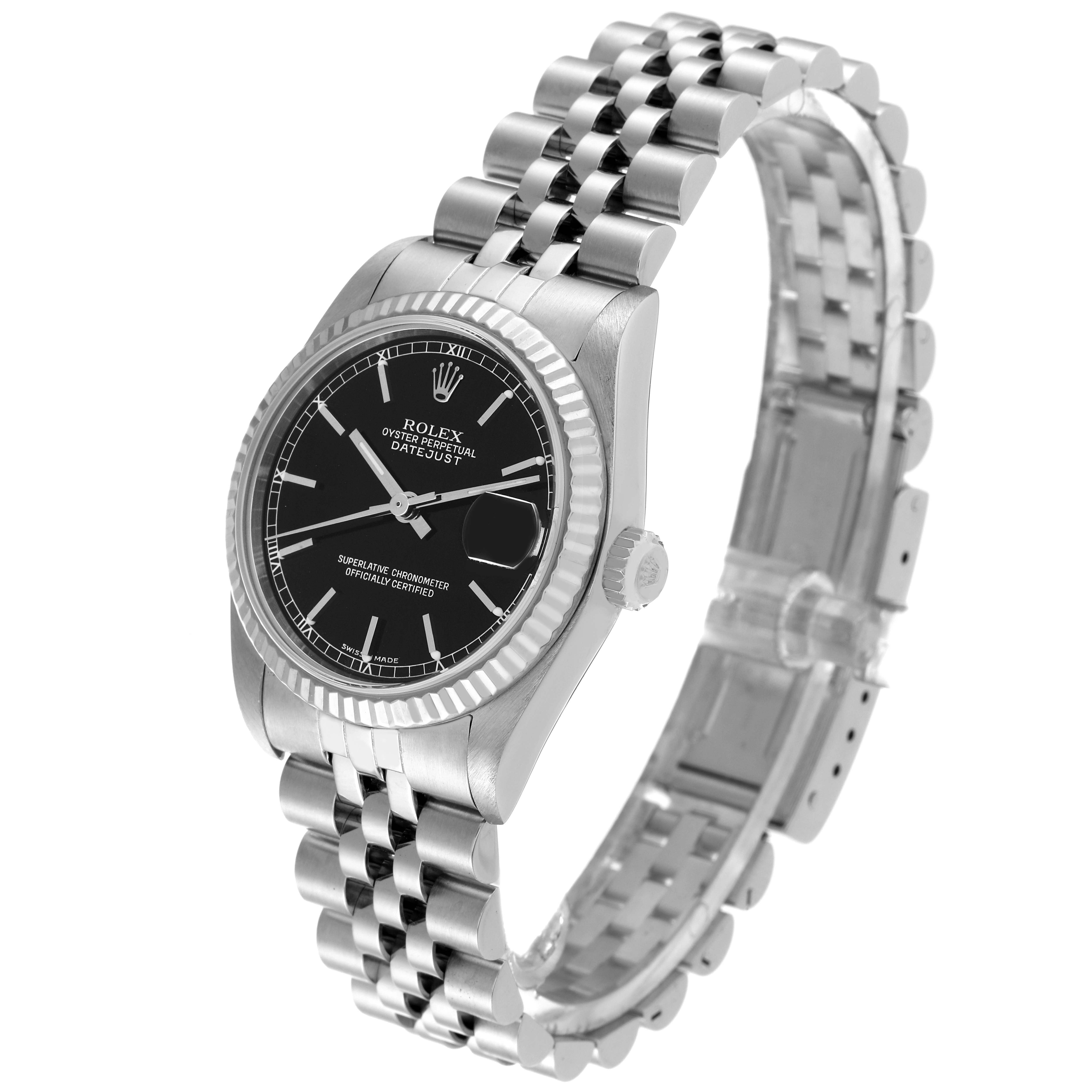 The Rolex Mid-Size 78274 Women's Stainless Steel Black Dial 78274 Women's Stainless Steel Black Dial model watch is shown at a three-quarter angle, highlighting its black dial, bezel, and Jubilee bracelet.