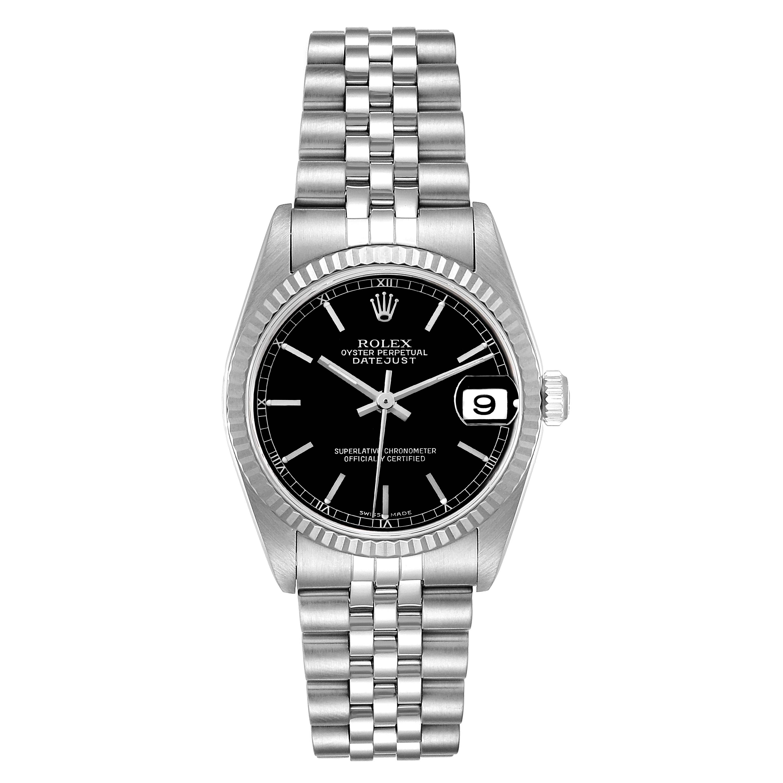 The image shows a frontal view of the Rolex Datejust Mid-Size watch, featuring the dial, bezel, and bracelet.