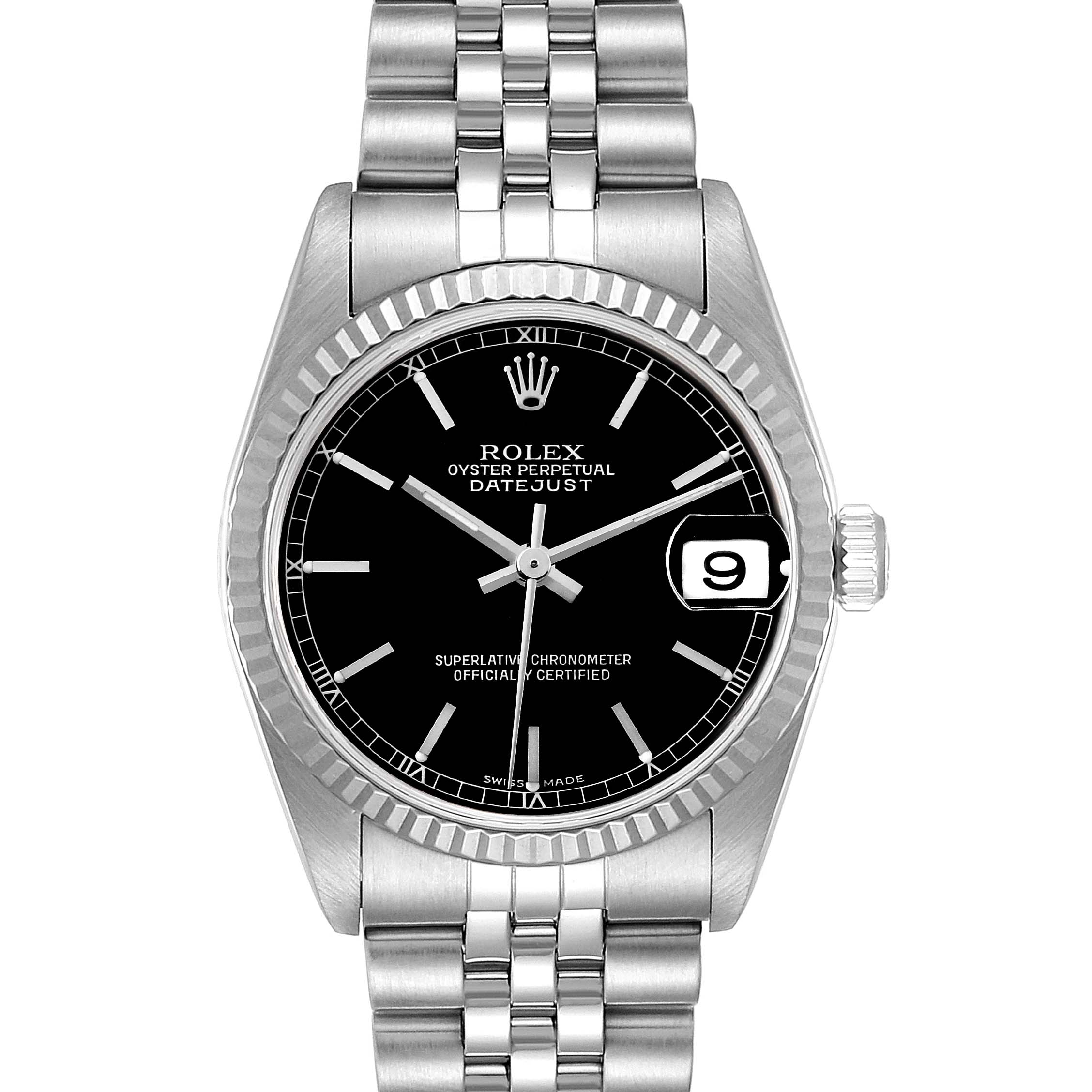 This image shows a front view of the Rolex Mid-Size 78274 Women's Stainless Steel Black Dial 78274 Women's Stainless Steel Black Dial Datejust watch, displaying the dial, hands, date window, and bracelet.