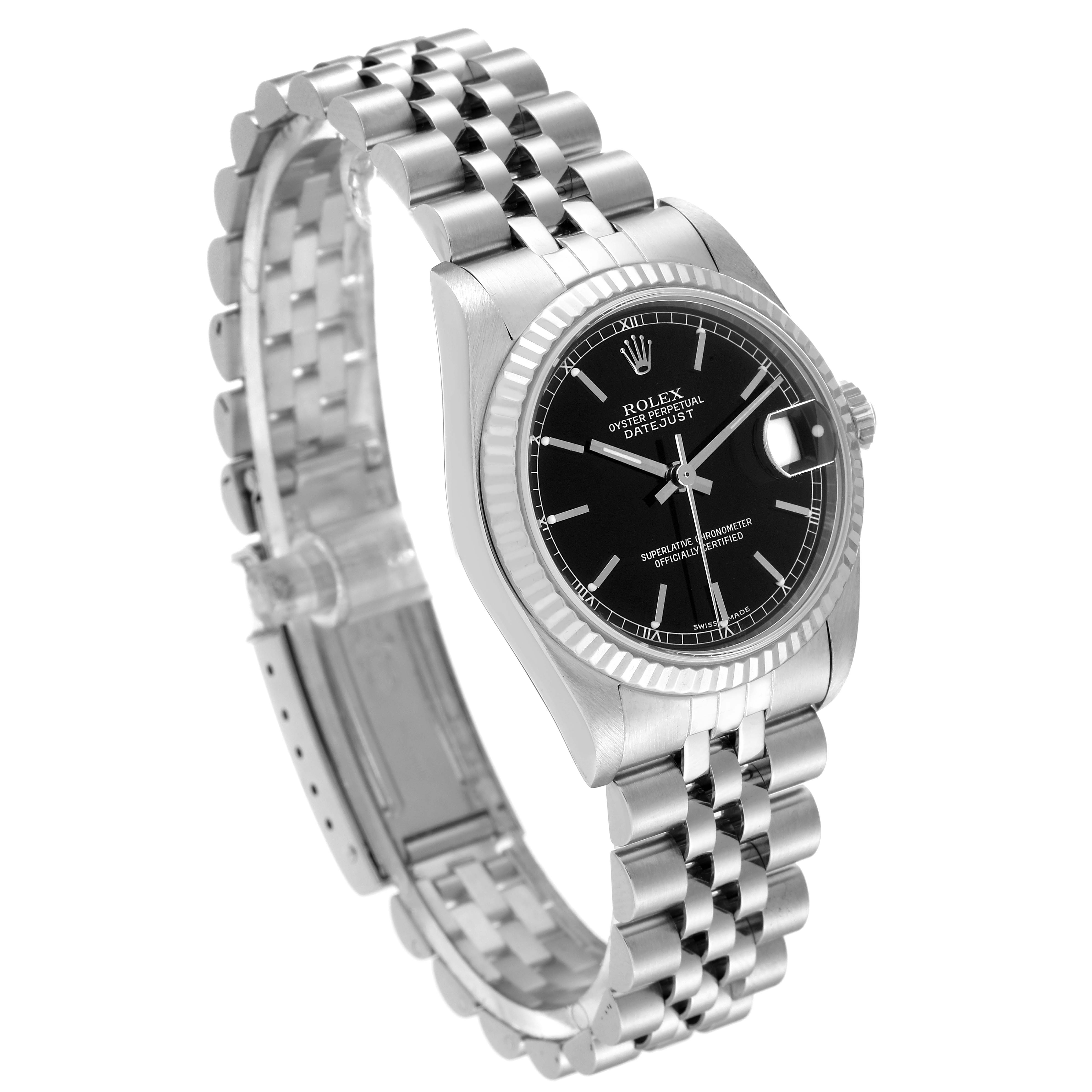 The image shows a side angle of a Rolex Mid-Size 78274 Women's Stainless Steel Black Dial 78274 Women's Stainless Steel Black Dial Datejust with a jubilee bracelet and black dial.