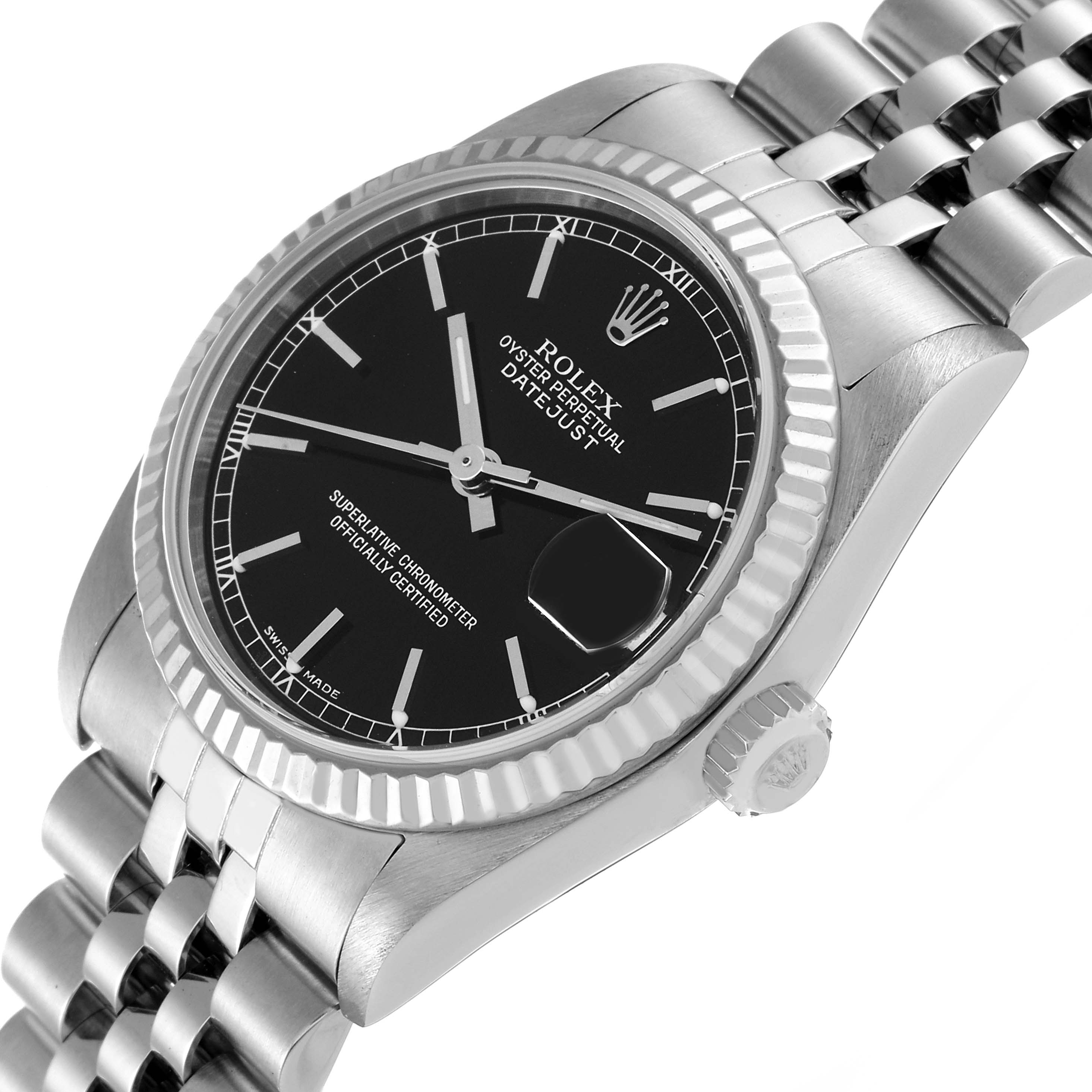 This Rolex Mid-Size 78274 Women's Stainless Steel Black Dial 78274 Women's Stainless Steel Black Dial watch is shown at an angle highlighting its black dial, fluted bezel, and part of its metal bracelet.