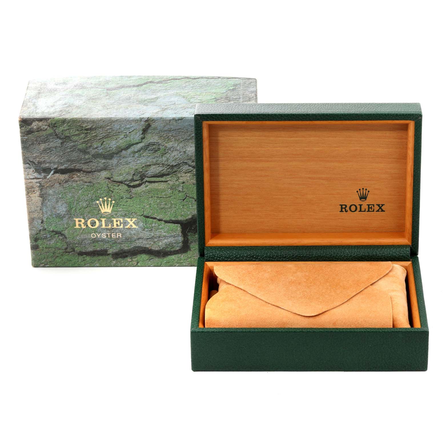 The image shows an open Rolex box for a Mid-Size model, revealing the interior with a beige pouch; the outer box is also visible.