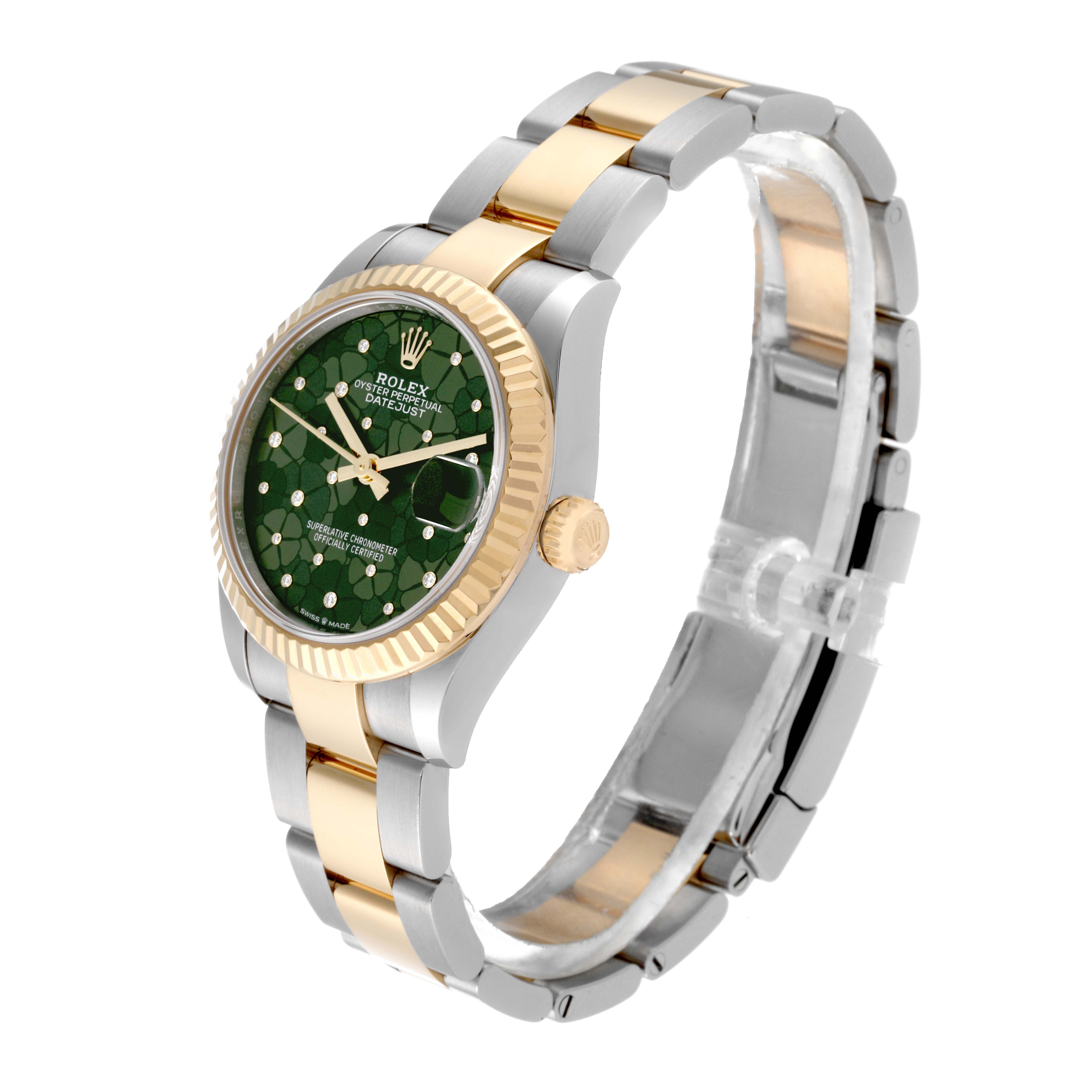 This image shows a side and front view of the Rolex Mid-Size 278273 Women's Steel and Gold (two tone) Green Dial 278273 Women's Steel and Gold (two tone) Green Dial watch, highlighting its green dial, gold bezel, and two-tone bracelet.
