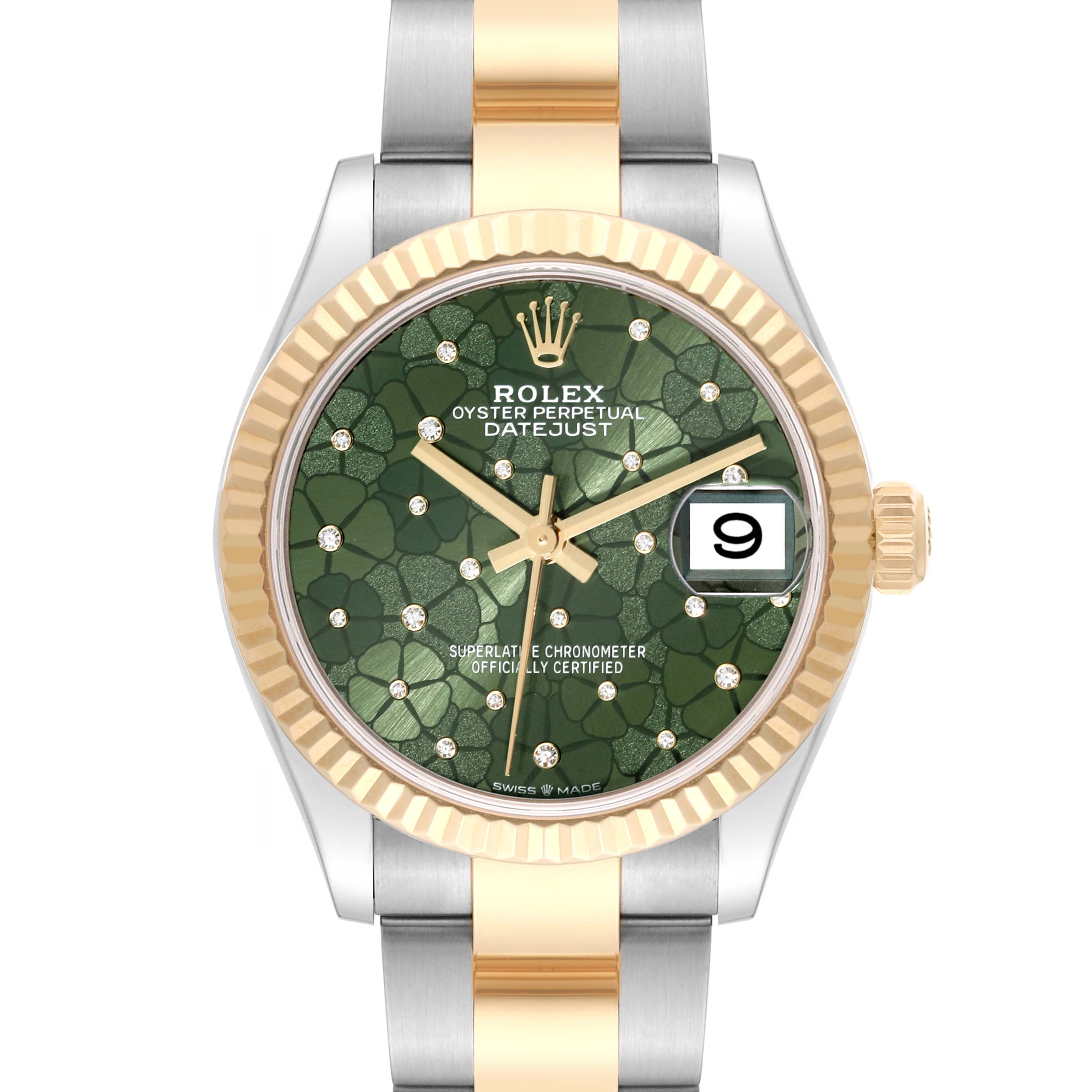 This image shows a front view of a Rolex Oyster Perpetual Datejust Mid-Size, highlighting its green dial, date window, and two-tone bracelet.