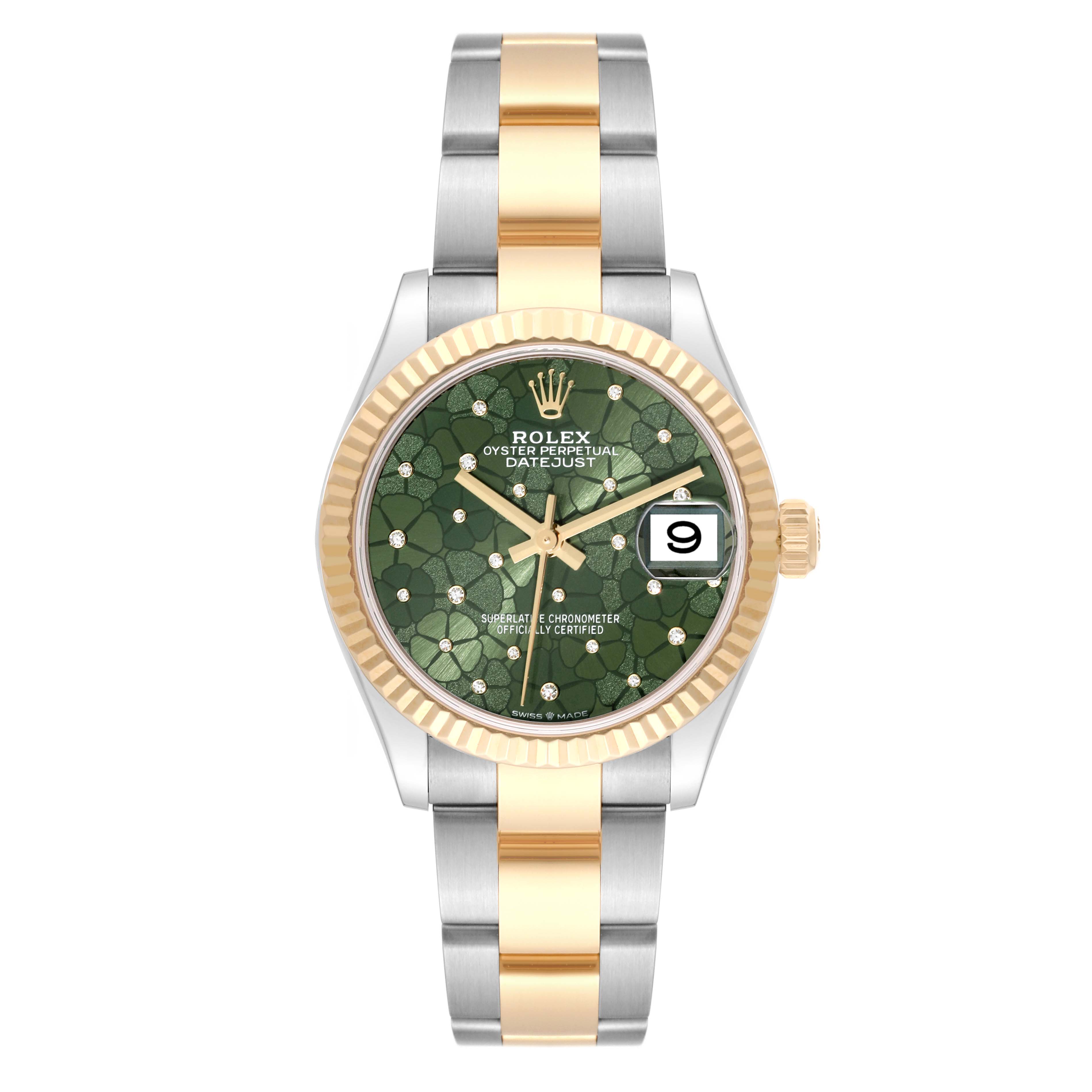 The image shows a front view of a Rolex Oyster Perpetual Datejust Mid-Size watch with a green dial, gold fluted bezel, and a two-tone bracelet.