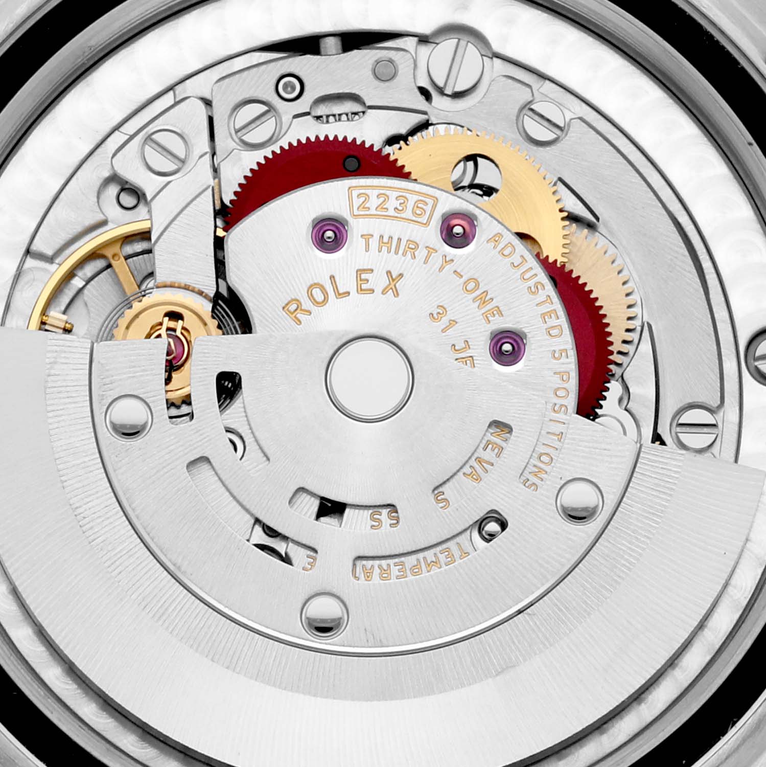 The image shows the movement mechanism from the back side of a Rolex Mid-Size 278273 Women's Steel and Gold (two tone) Green Dial 278273 Women's Steel and Gold (two tone) Green Dial model watch, highlighting its intricate inner workings.
