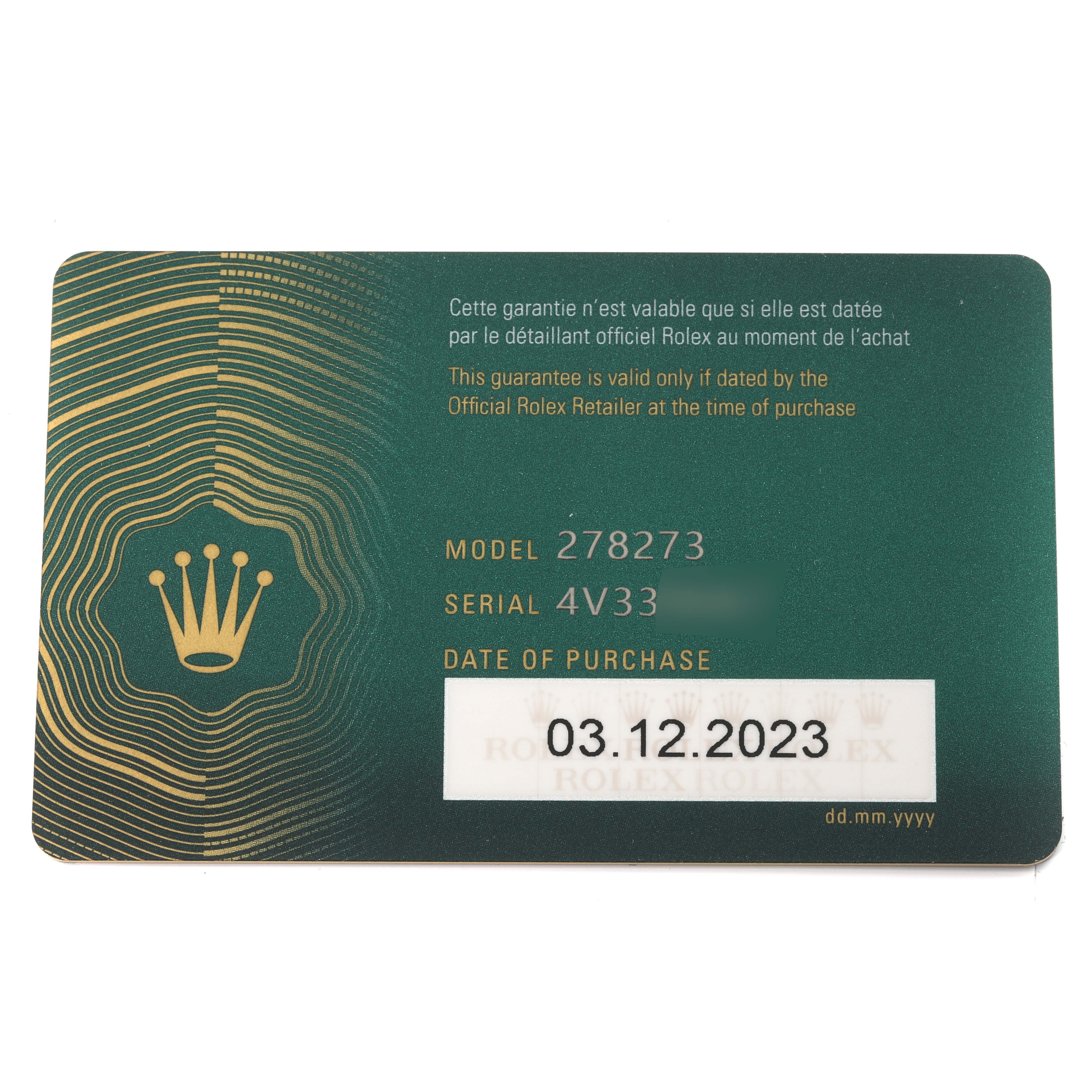 The image shows a Rolex guarantee card for the Mid-Size model 278273, displaying the model, serial number, and purchase date.