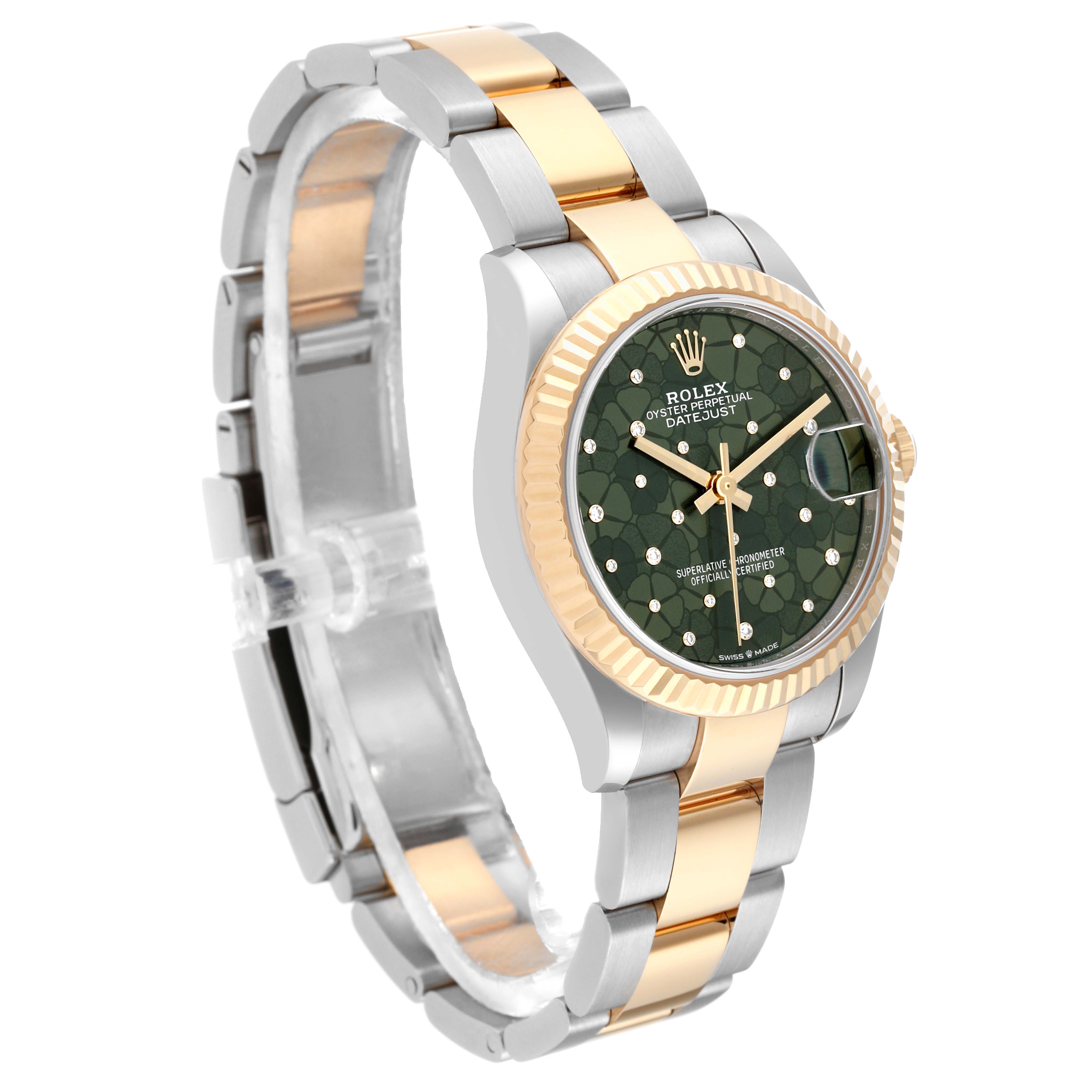 The Rolex Mid-Size 278273 Women's Steel and Gold (two tone) Green Dial 278273 Women's Steel and Gold (two tone) Green Dial model watch is shown at a three-quarter angle, highlighting the band, bezel, and green dial.