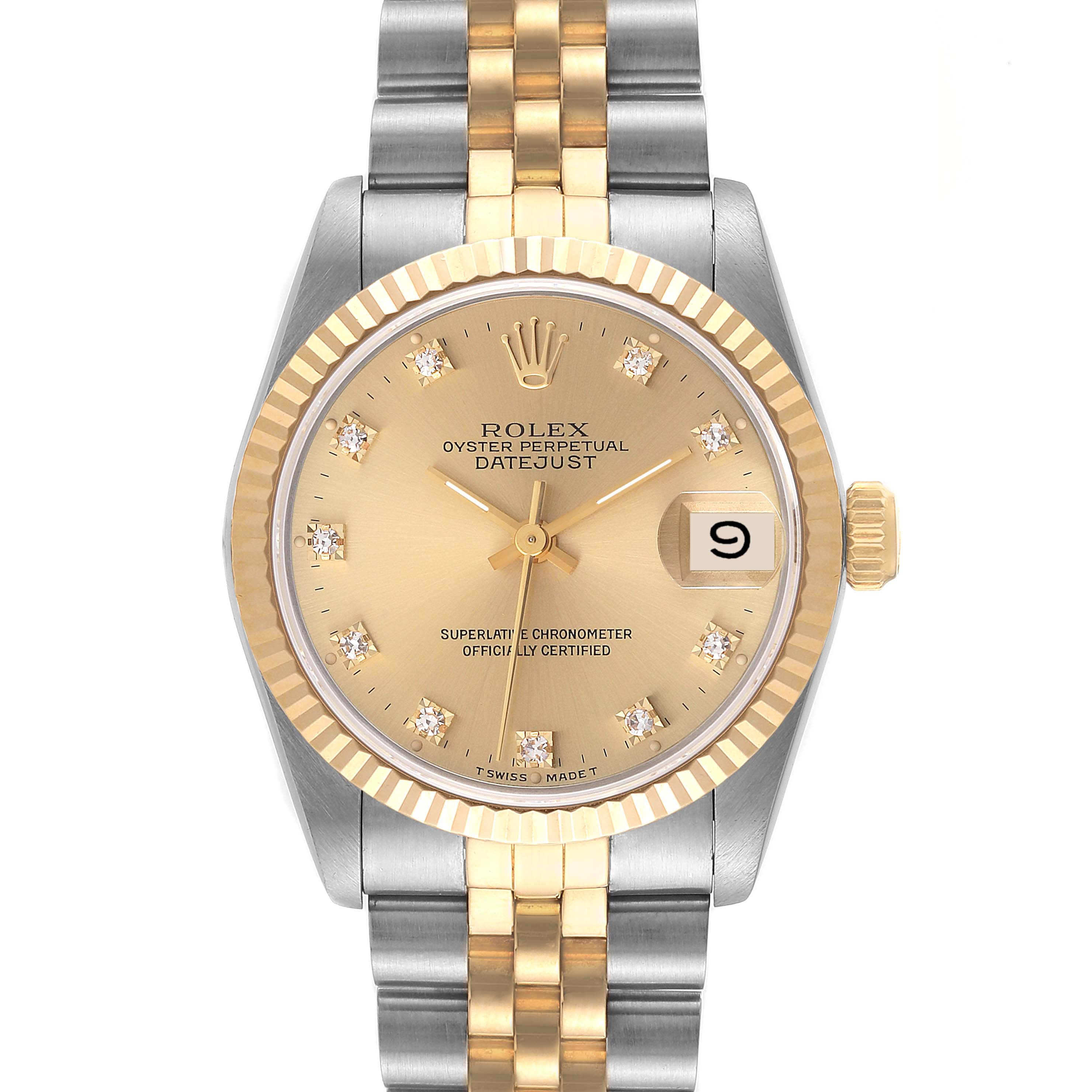 The image shows a front view of a Rolex Mid-Size 68273 Women's Steel and Gold (two tone) Champagne Dial 68273 Women's Steel and Gold (two tone) Champagne Dial Oyster Perpetual Datejust watch, highlighting its dial, bezel, and bracelet.