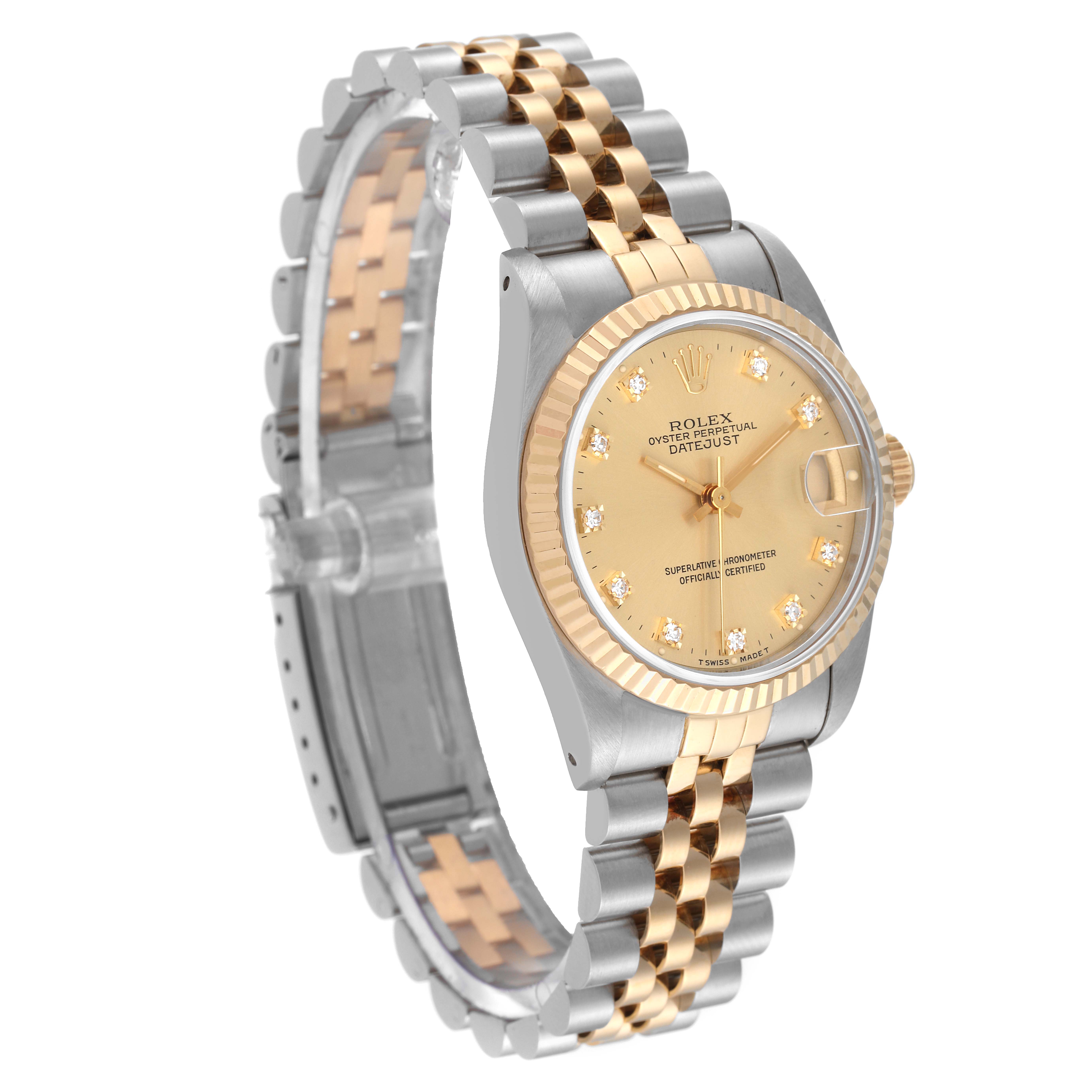 This image shows the Rolex Mid-Size 68273 Women's Steel and Gold (two tone) Champagne Dial 68273 Women's Steel and Gold (two tone) Champagne Dial Datejust watch at a 3/4 angle, highlighting the dial, bezel, and bracelet.