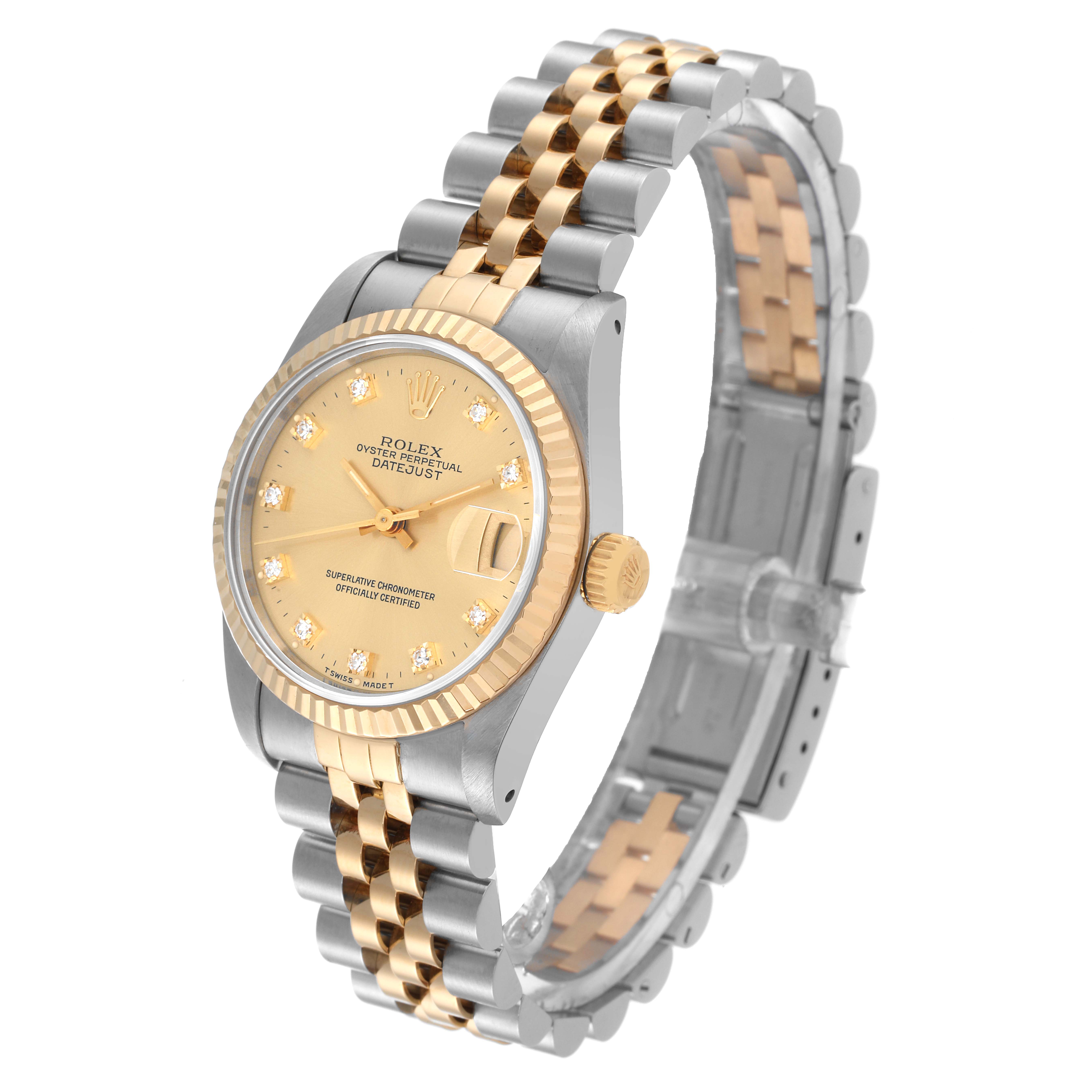 The image shows a Rolex Mid-Size 68273 Women's Steel and Gold (two tone) Champagne Dial 68273 Women's Steel and Gold (two tone) Champagne Dial Oyster Perpetual Datejust watch at an oblique angle, featuring its dial, bezel, crown, and bracelet.