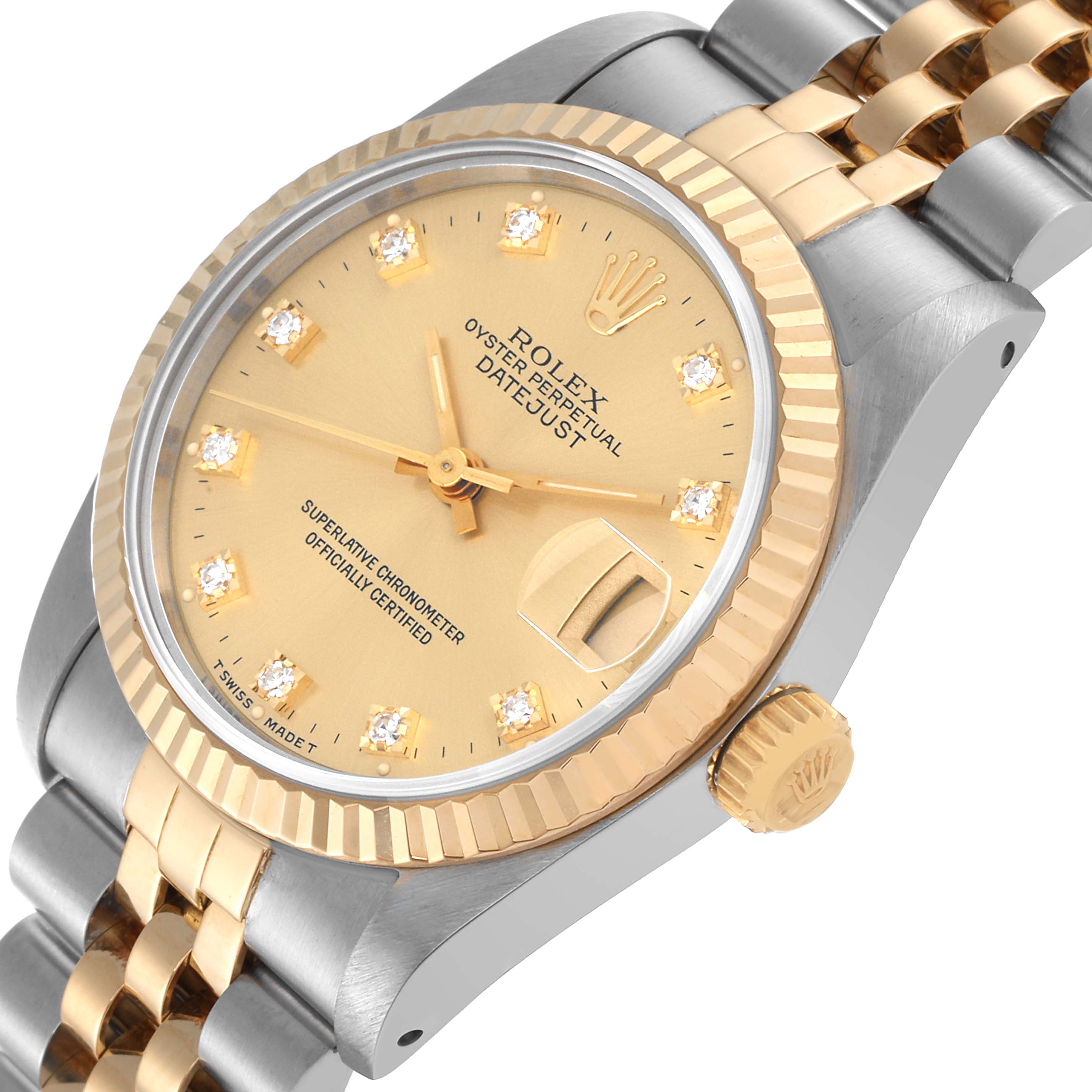 This image shows a close-up, angled view of a Rolex Datejust Mid-Size watch, highlighting the dial, bezel, crown, and part of the bracelet.