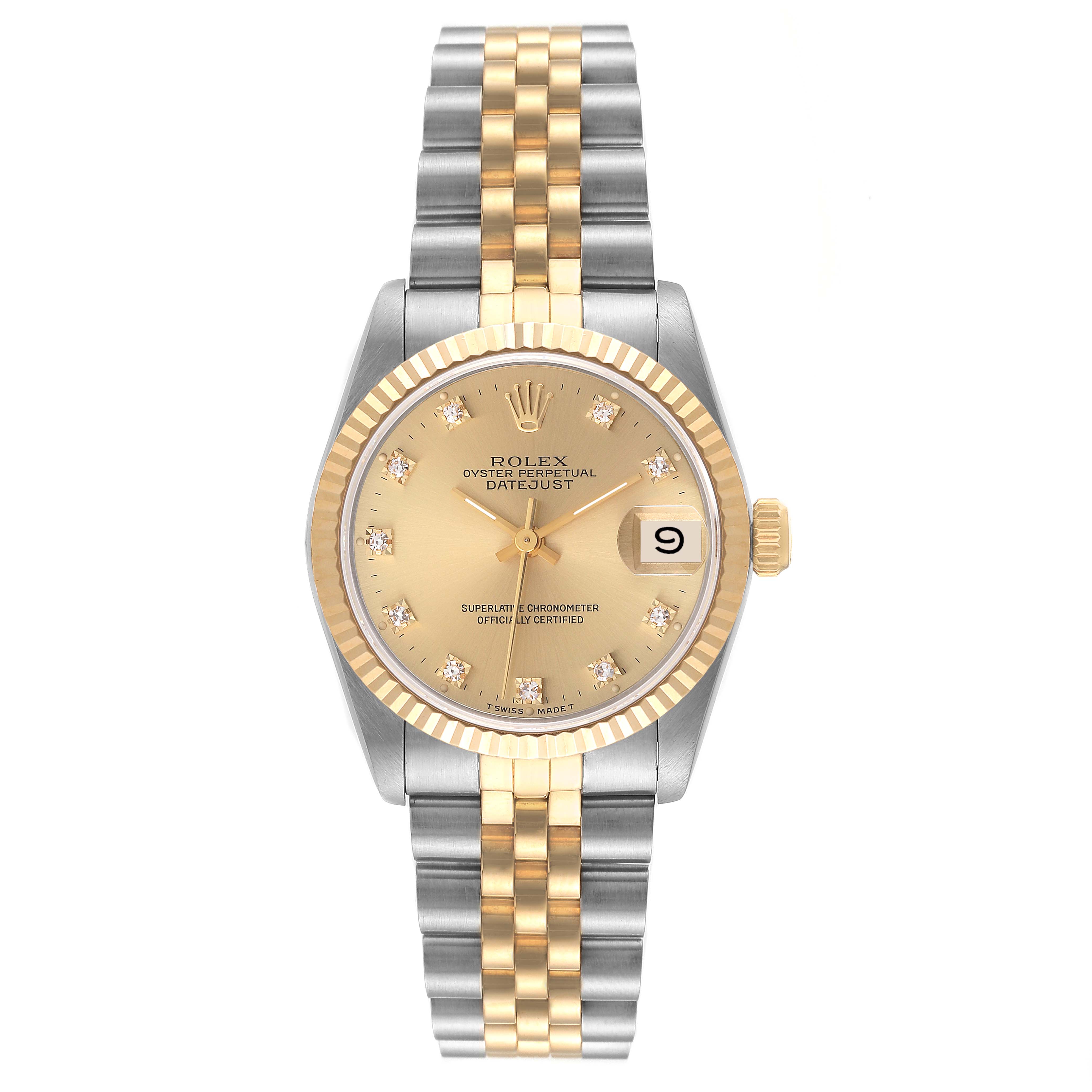 The image shows a front view of a Rolex Mid-Size 68273 Women's Steel and Gold (two tone) Champagne Dial 68273 Women's Steel and Gold (two tone) Champagne Dial Datejust watch with a two-tone bracelet and fluted bezel.