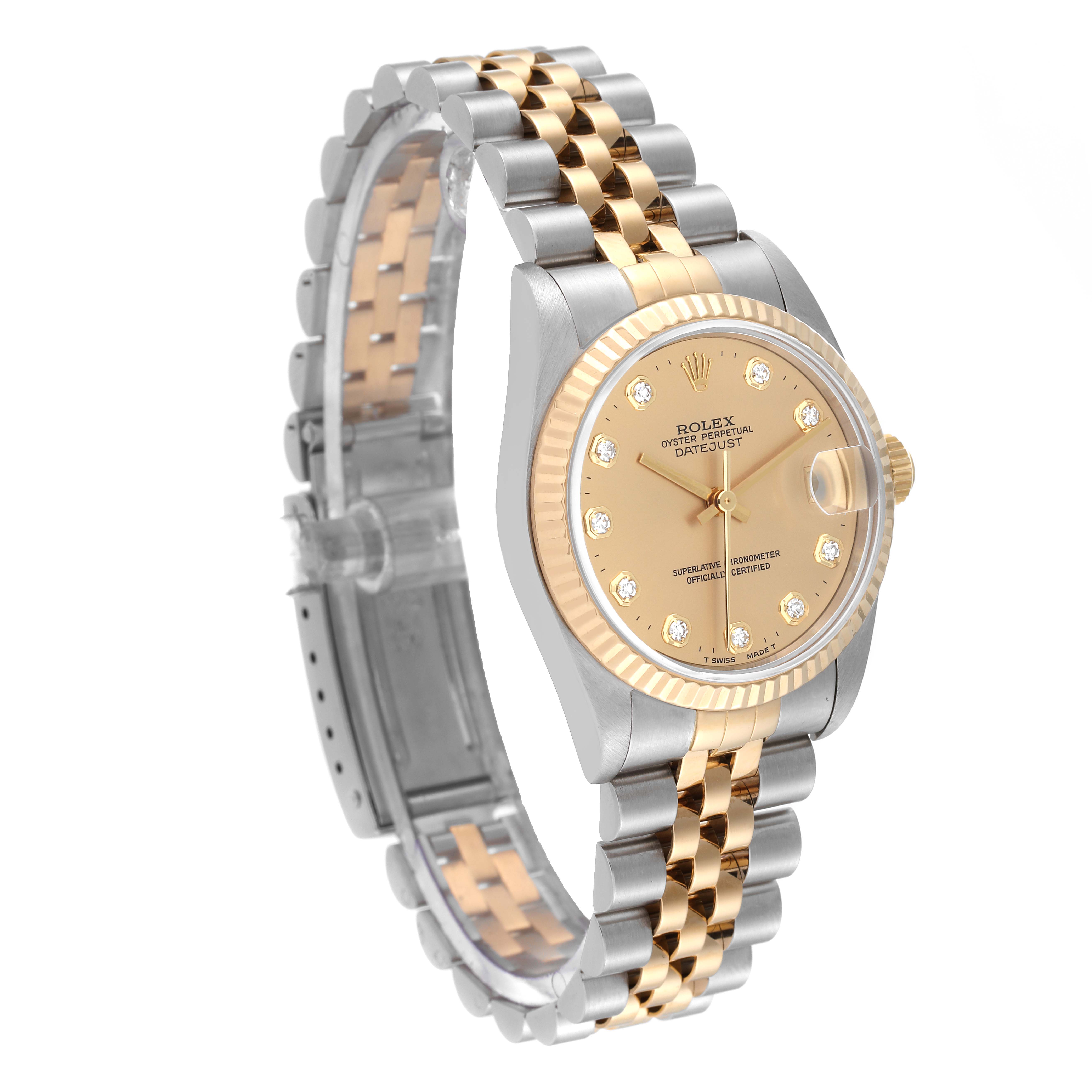 The image shows a Rolex Mid-Size 78273 Women
s Steel and Gold (two tone) Champagne Dial 78273 Women
s Steel and Gold (two tone) Champagne Dial Datejust watch at a slight angle, highlighting the gold dial, bezel, and stainless steel bracelet.