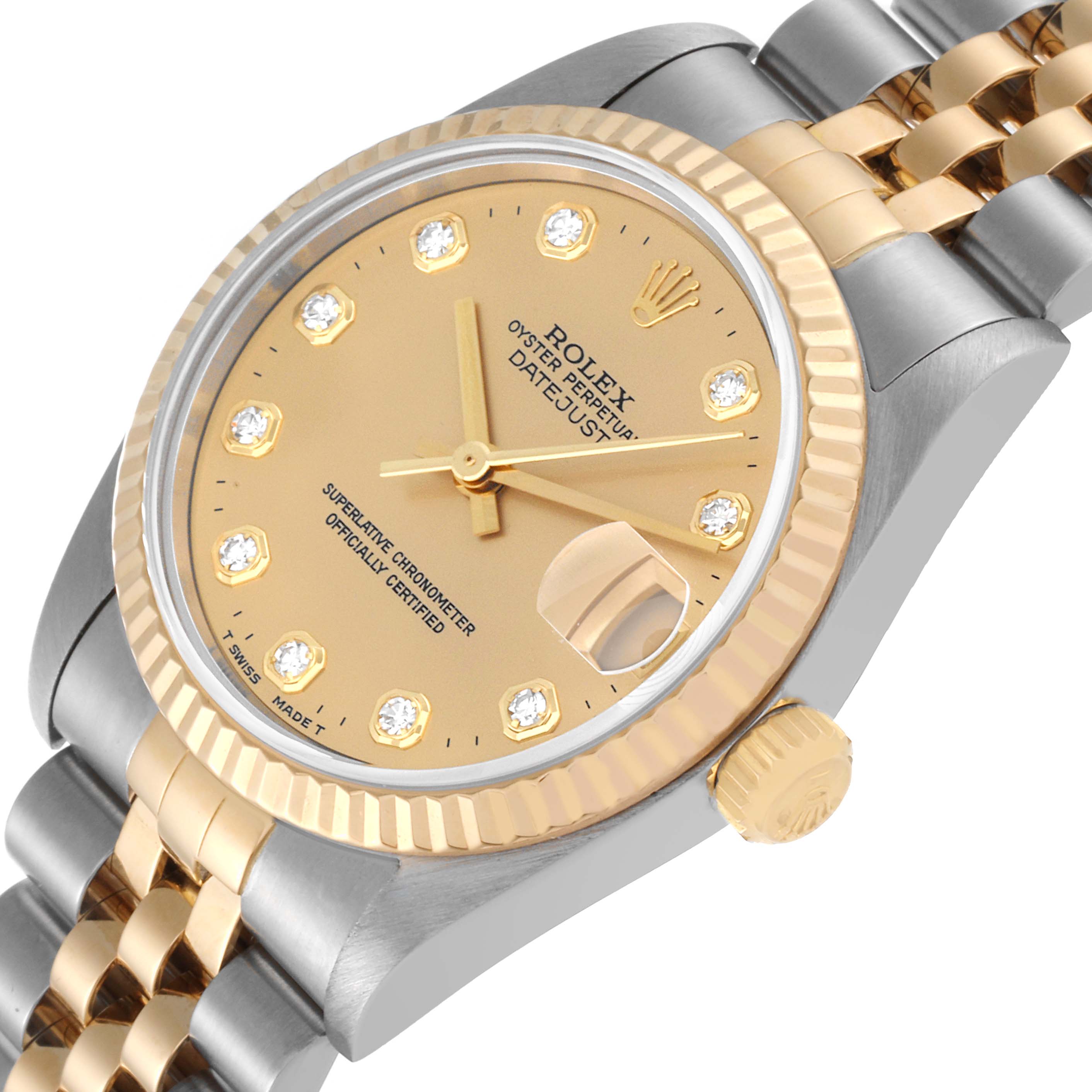 This image shows a close-up angle of the dial, bezel, crown, and part of the Jubilee bracelet of a Rolex Mid-Size 78273 Women
s Steel and Gold (two tone) Champagne Dial 78273 Women
s Steel and Gold (two tone) Champagne Dial watch.