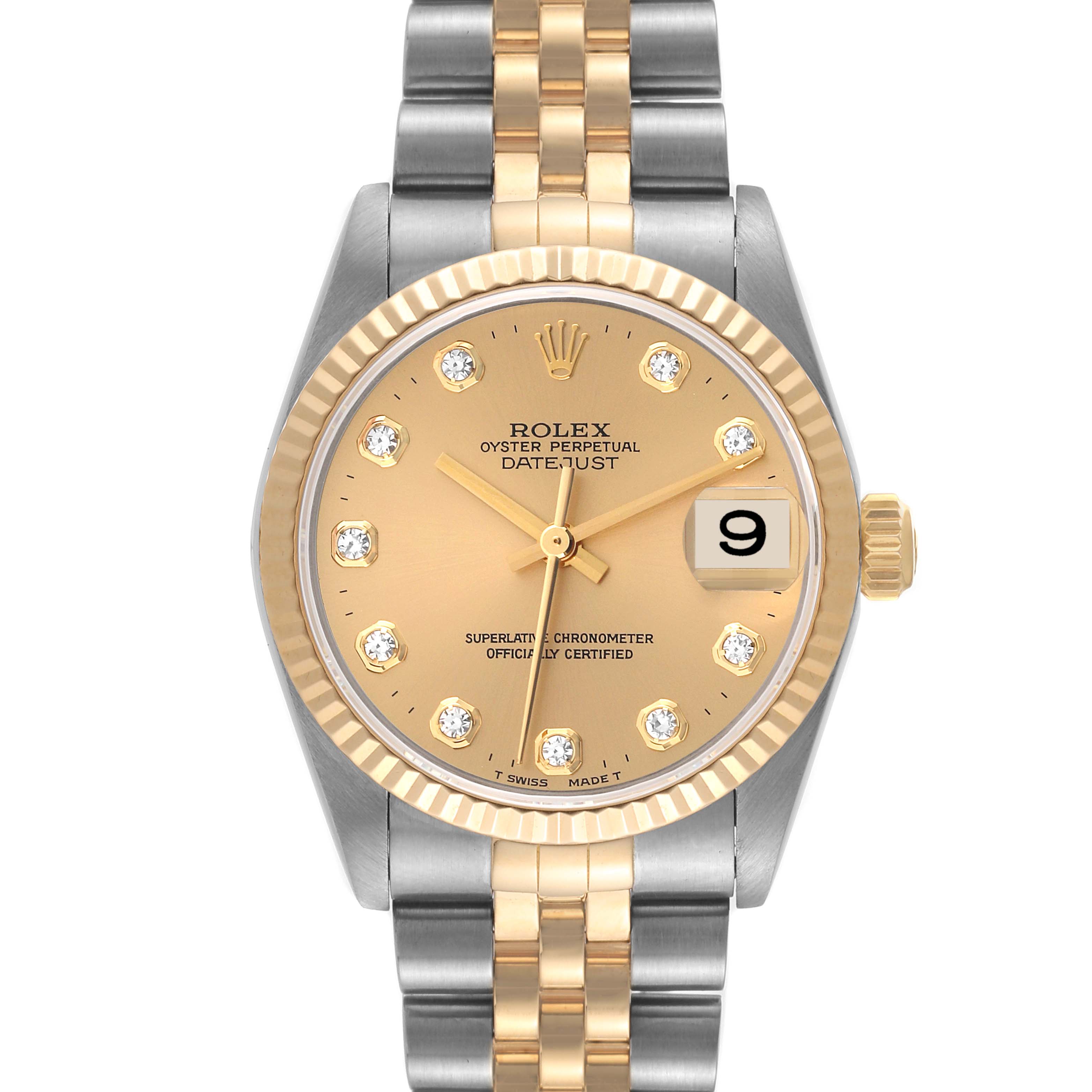 This image shows the front view of a Rolex Mid-Size 78273 Women
s Steel and Gold (two tone) Champagne Dial 78273 Women
s Steel and Gold (two tone) Champagne Dial Oyster Perpetual Datejust watch, displaying the dial, bezel, and bracelet.