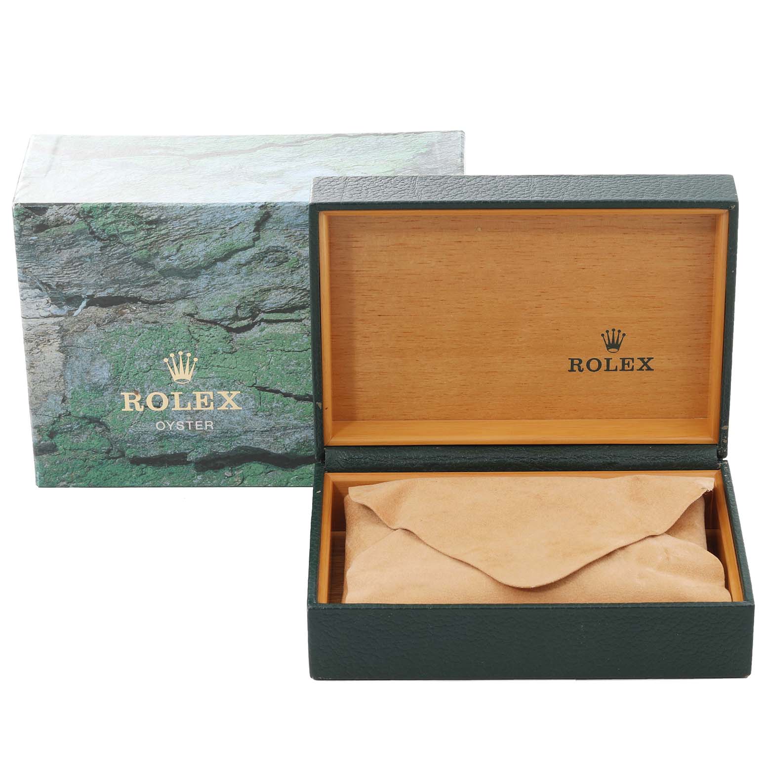 The image shows the packaging for the Mid-Size Rolex watch, including the outer box and the inner watch box with a suede pouch.