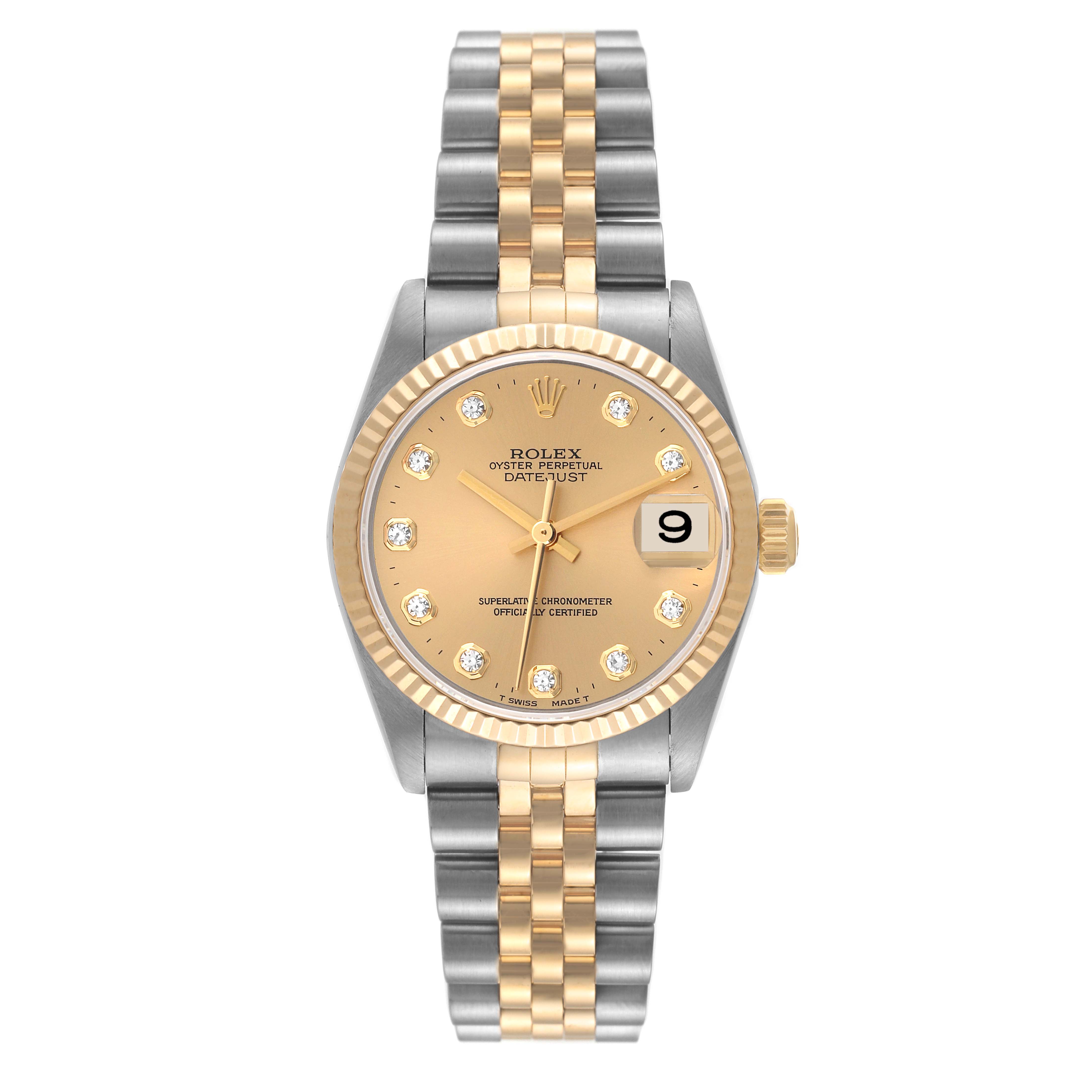 The image shows a front-facing view of a Rolex Oyster Perpetual Datejust Mid-Size watch with a silver and gold bracelet.