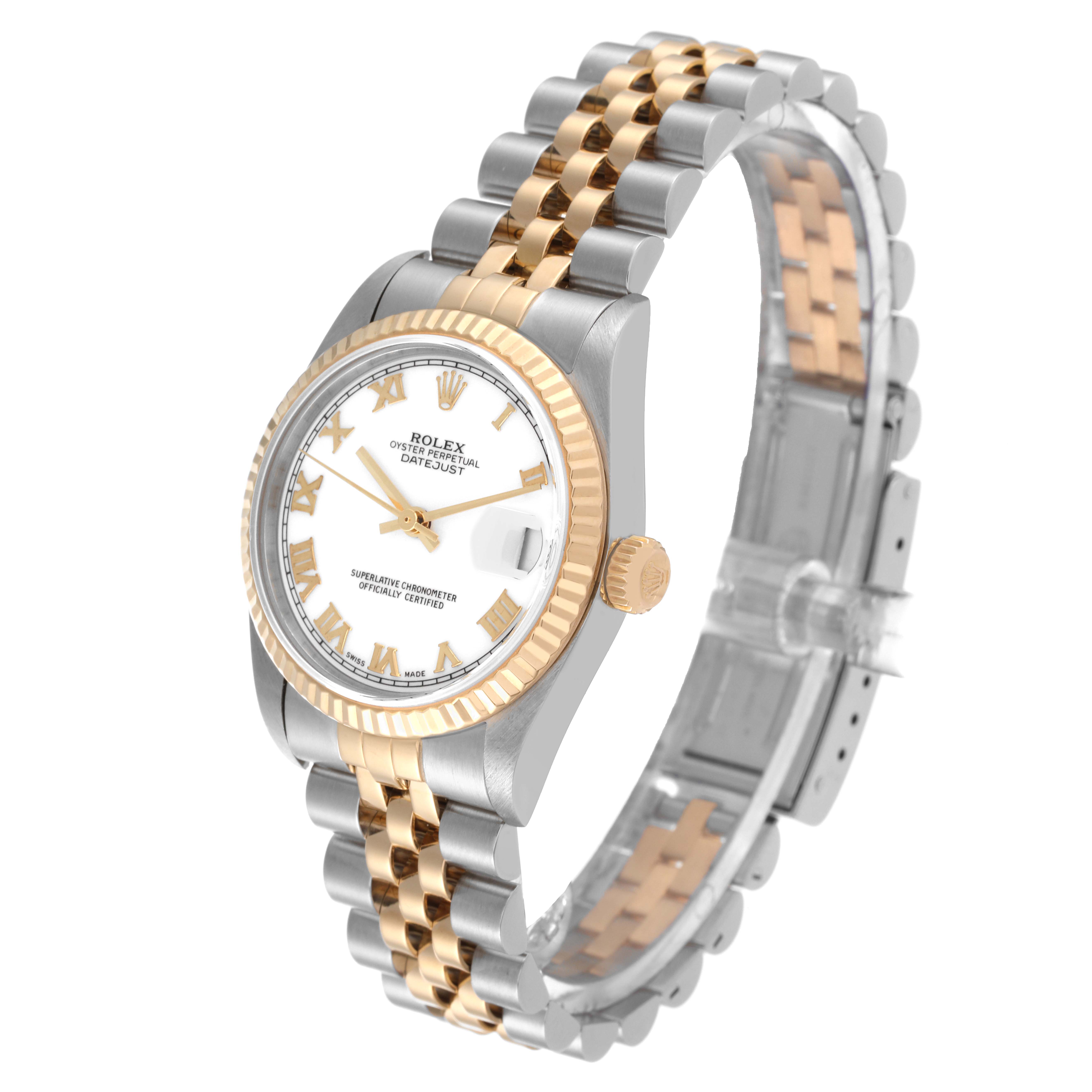 This image shows a Rolex Mid-Size 78273 Women
s Steel and Gold (two tone) White Dial 78273 Women
s Steel and Gold (two tone) White Dial Oyster Perpetual Datejust watch at a slight front angle, displaying the dial, bezel, crown, and part of the bracelet.