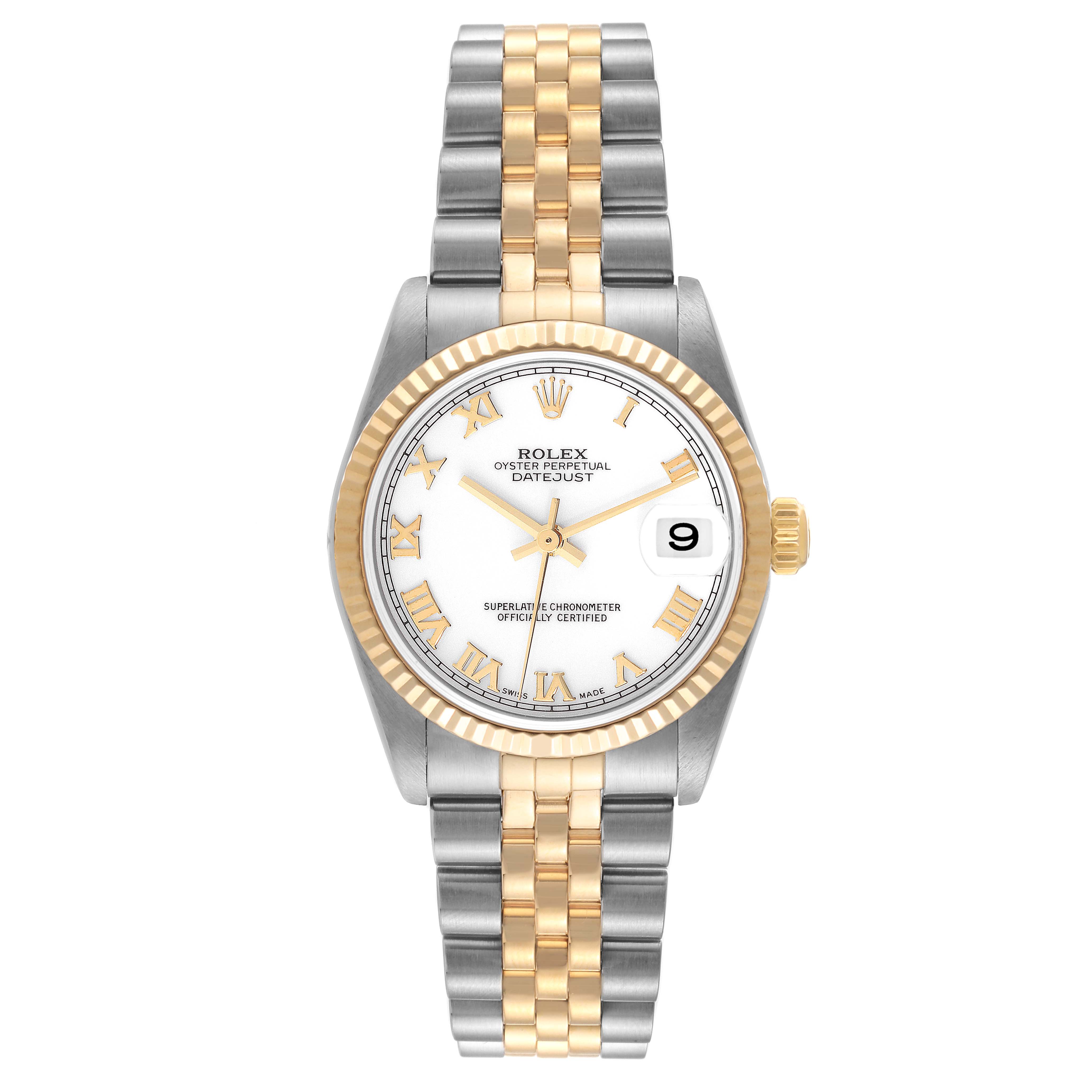 The image shows a front-facing Rolex Mid-Size 78273 Women
s Steel and Gold (two tone) White Dial 78273 Women
s Steel and Gold (two tone) White Dial Datejust watch with a two-tone bracelet and a white dial.