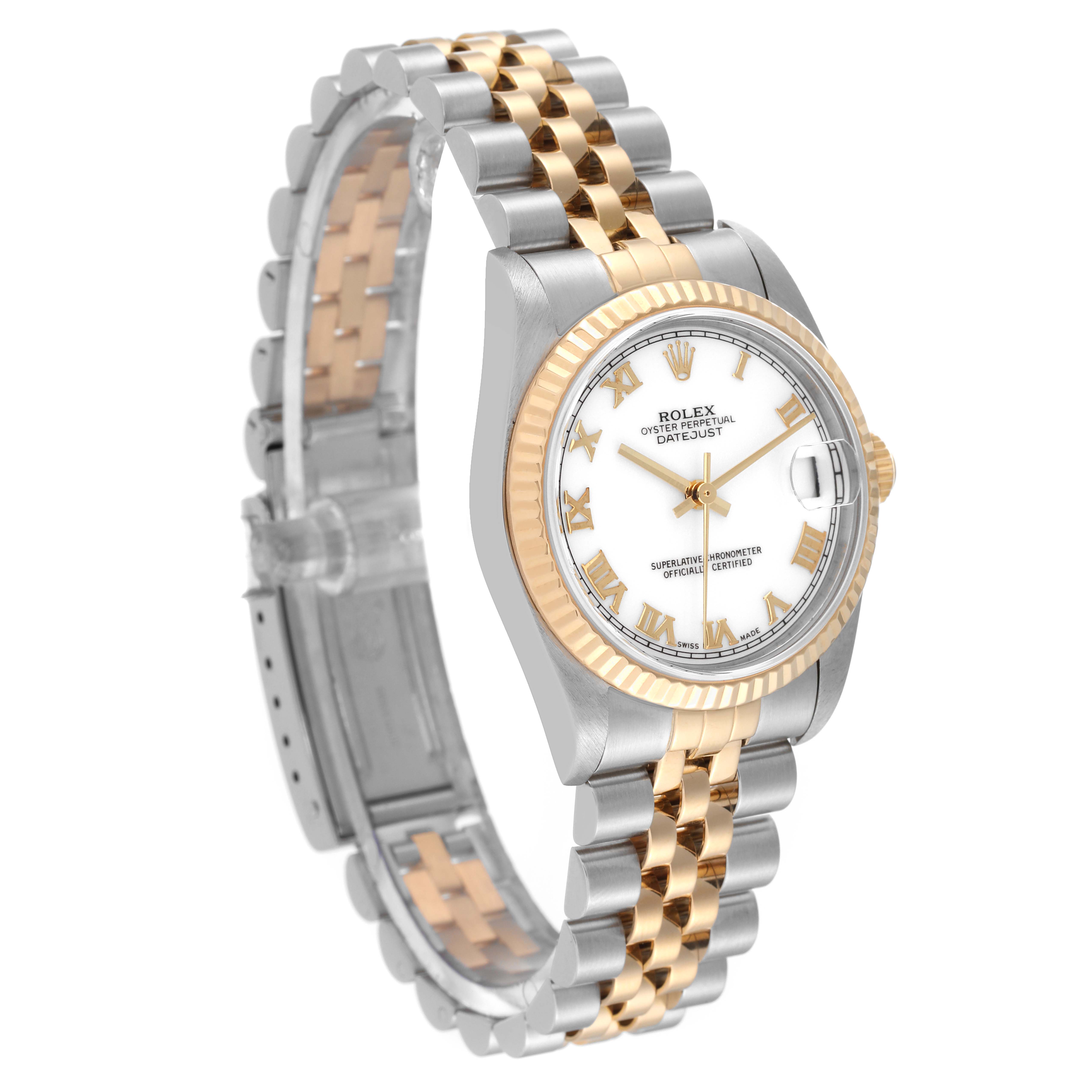This image shows a Mid-Size Rolex Datejust watch at a three-quarter angle, highlighting its two-tone bracelet and white dial with Roman numerals.