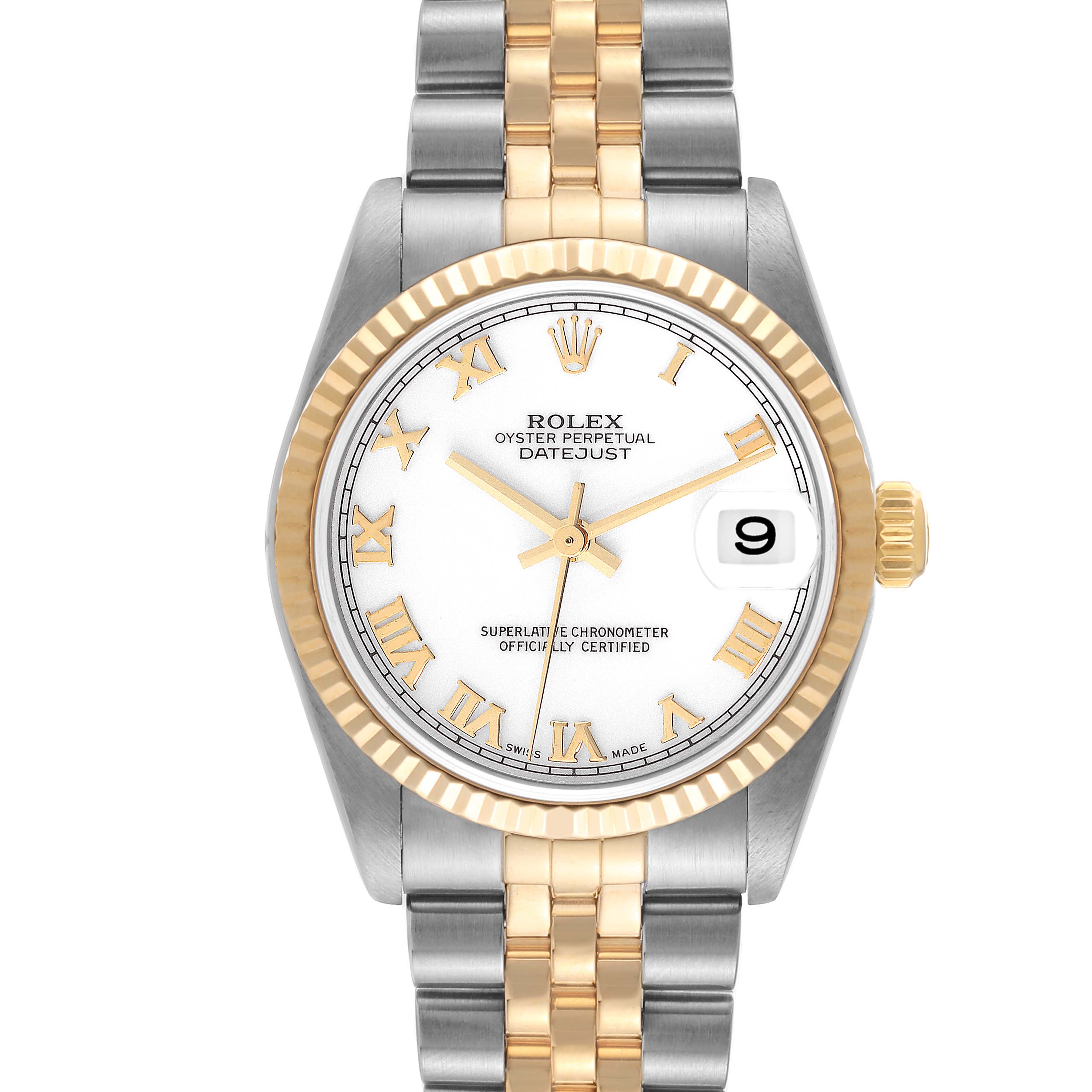 The Rolex Mid-Size 78273 Women
s Steel and Gold (two tone) White Dial 78273 Women
s Steel and Gold (two tone) White Dial Datejust watch is shown from a front angle, displaying its two-tone bracelet, fluted bezel, and Roman numeral dial.