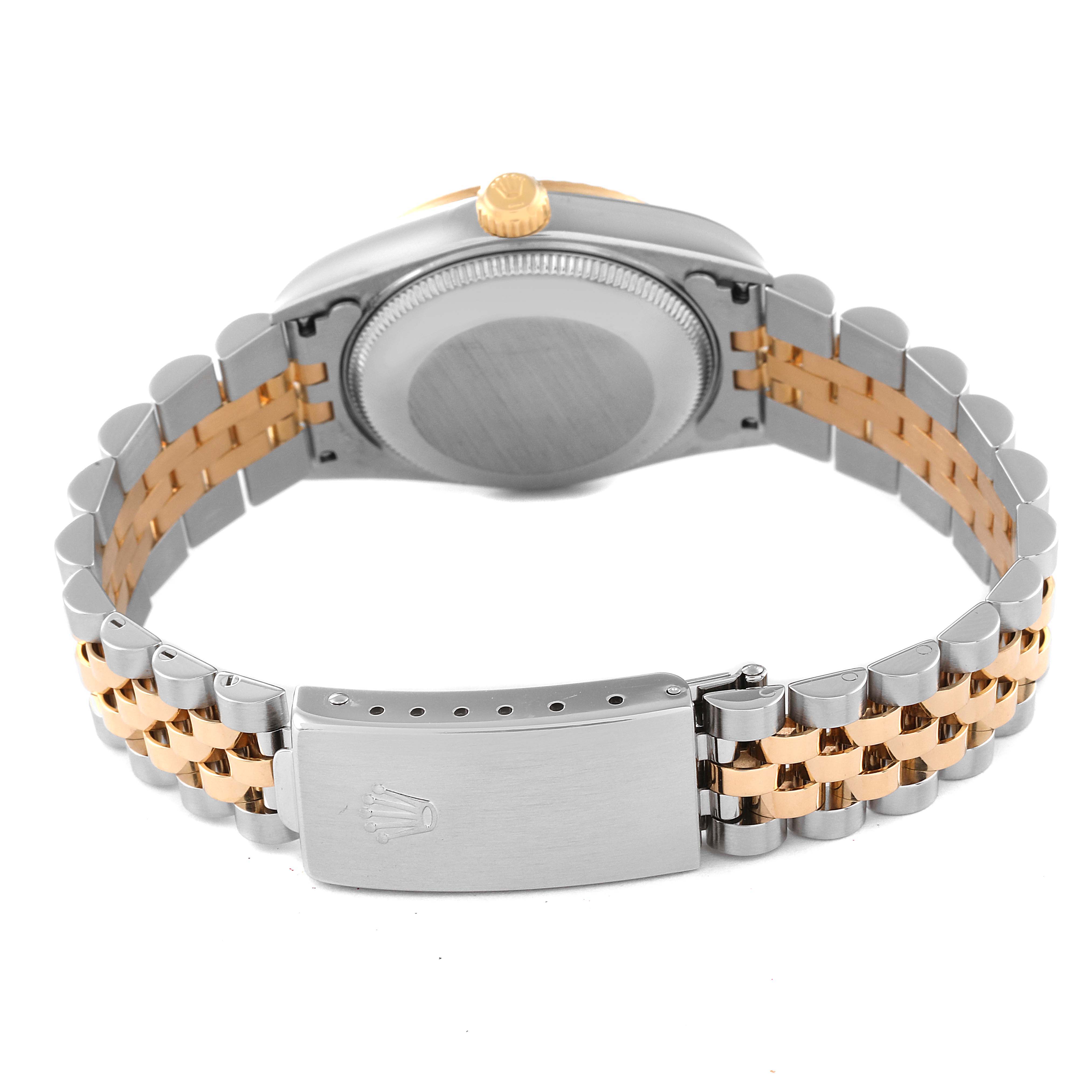 This image shows the back case and bracelet of a Mid-Size Rolex watch, highlighting its two-tone metal links and clasp.