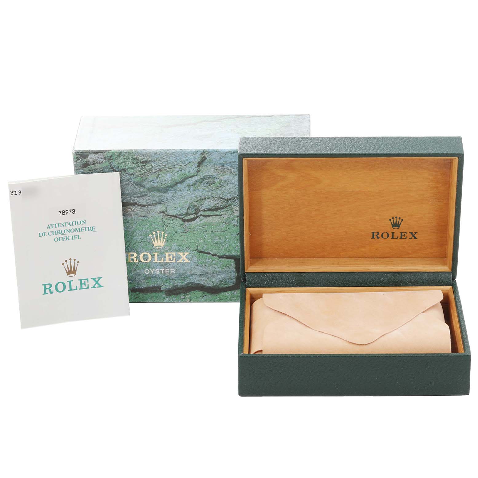 The image shows a Rolex Mid-Size 78273 Women
s Steel and Gold (two tone) White Dial 78273 Women
s Steel and Gold (two tone) White Dial model watch box, outer box, and paperwork from a top-front angle.