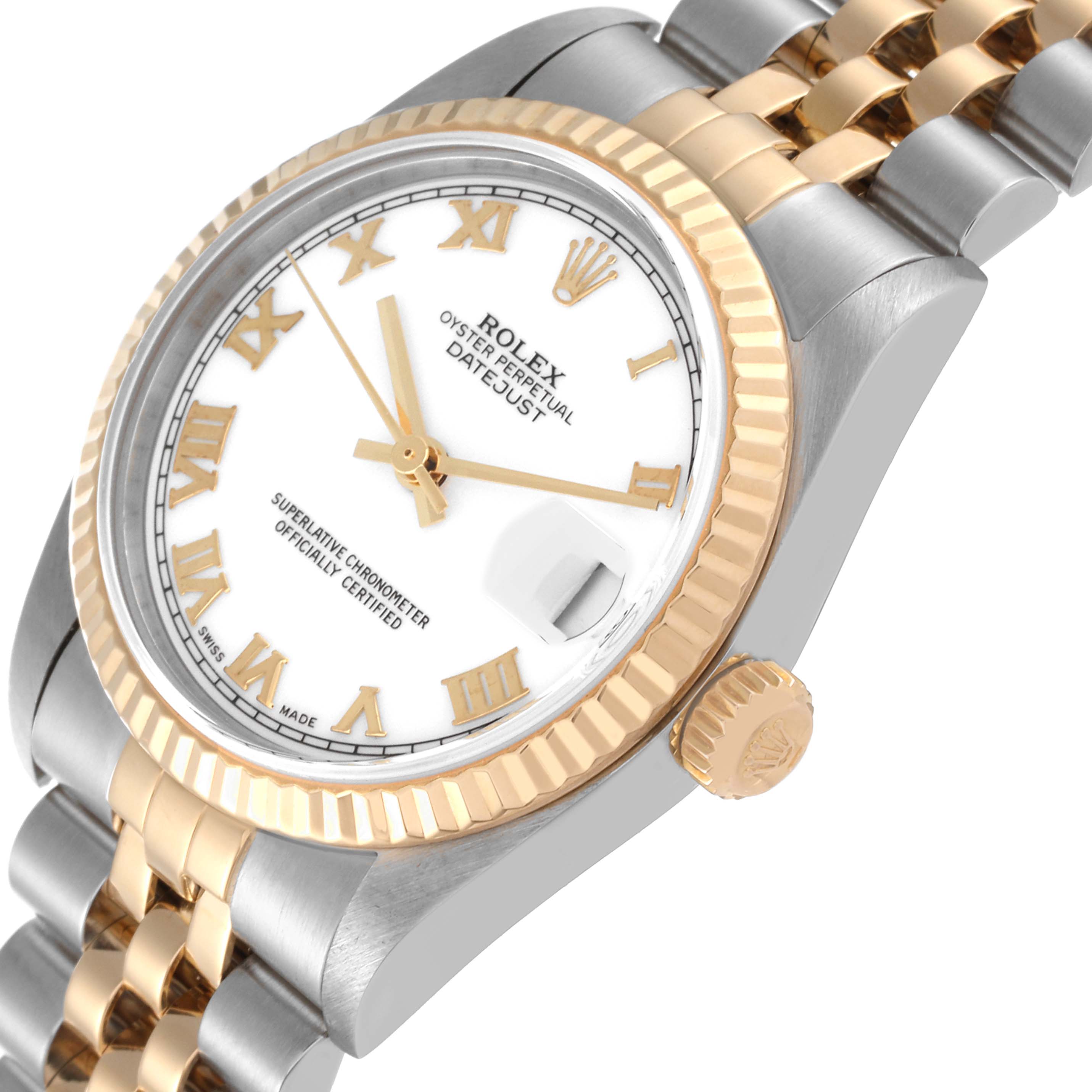 The image shows a close-up, angled view of the Rolex Oyster Perpetual Datejust Mid-Size watch, highlighting the case, dial, bezel, and bracelet.