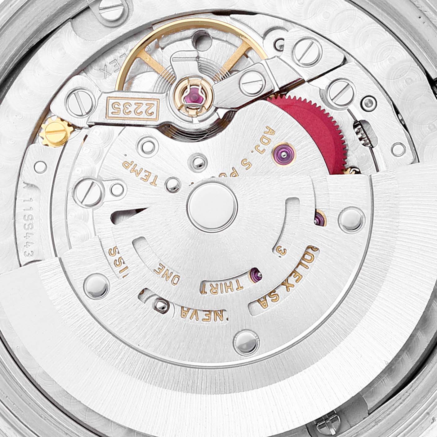The image shows a close-up view of the internal movement mechanism of a Rolex Mid-Size 78273 Women
s Steel and Gold (two tone) White Dial 78273 Women
s Steel and Gold (two tone) White Dial model watch.