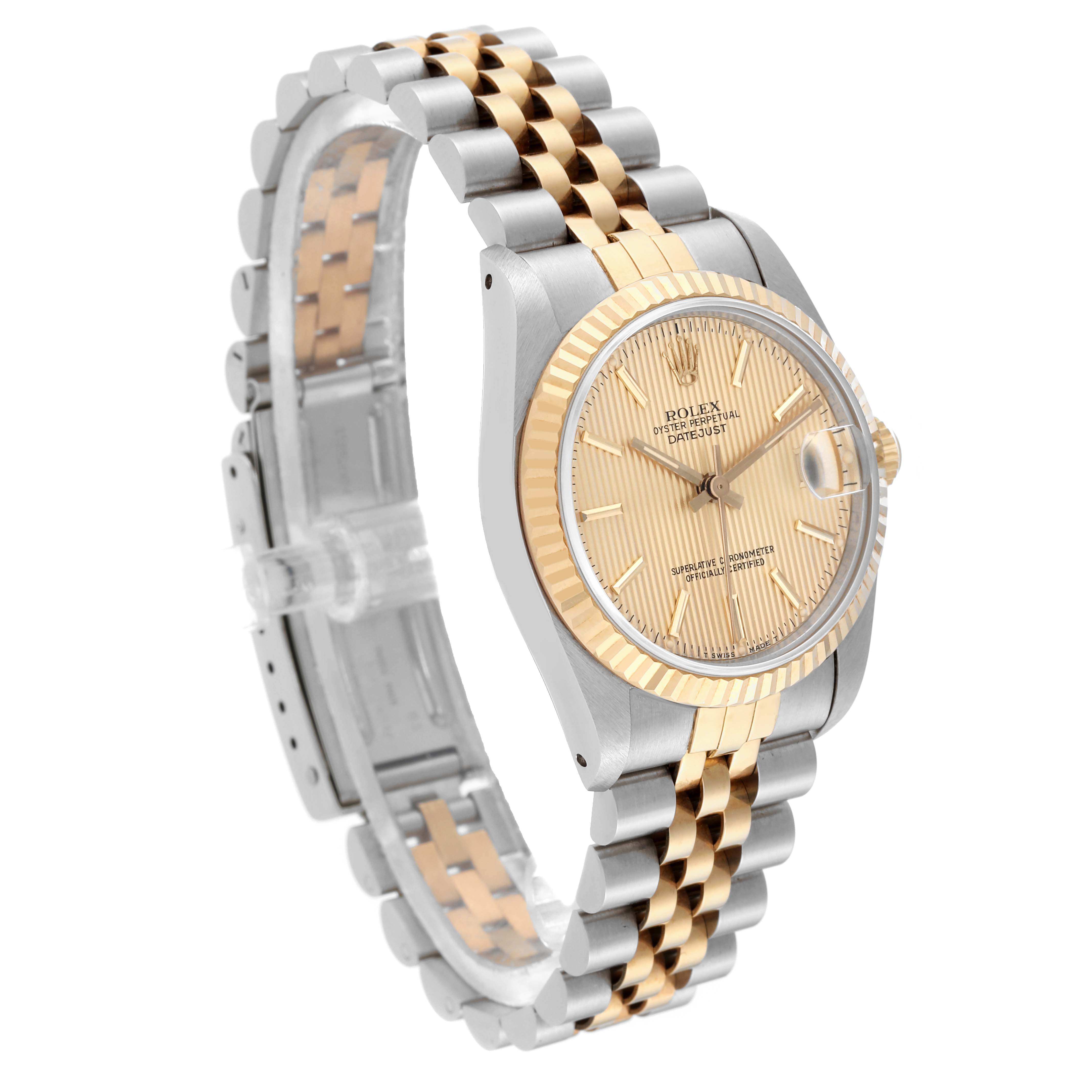 The Rolex Mid-Size 68273 Women's Steel and Gold (two tone) Champagne Dial 68273 Women's Steel and Gold (two tone) Champagne Dial watch in the image is shown at a slight side angle, displaying the face, bezel, and bracelet.