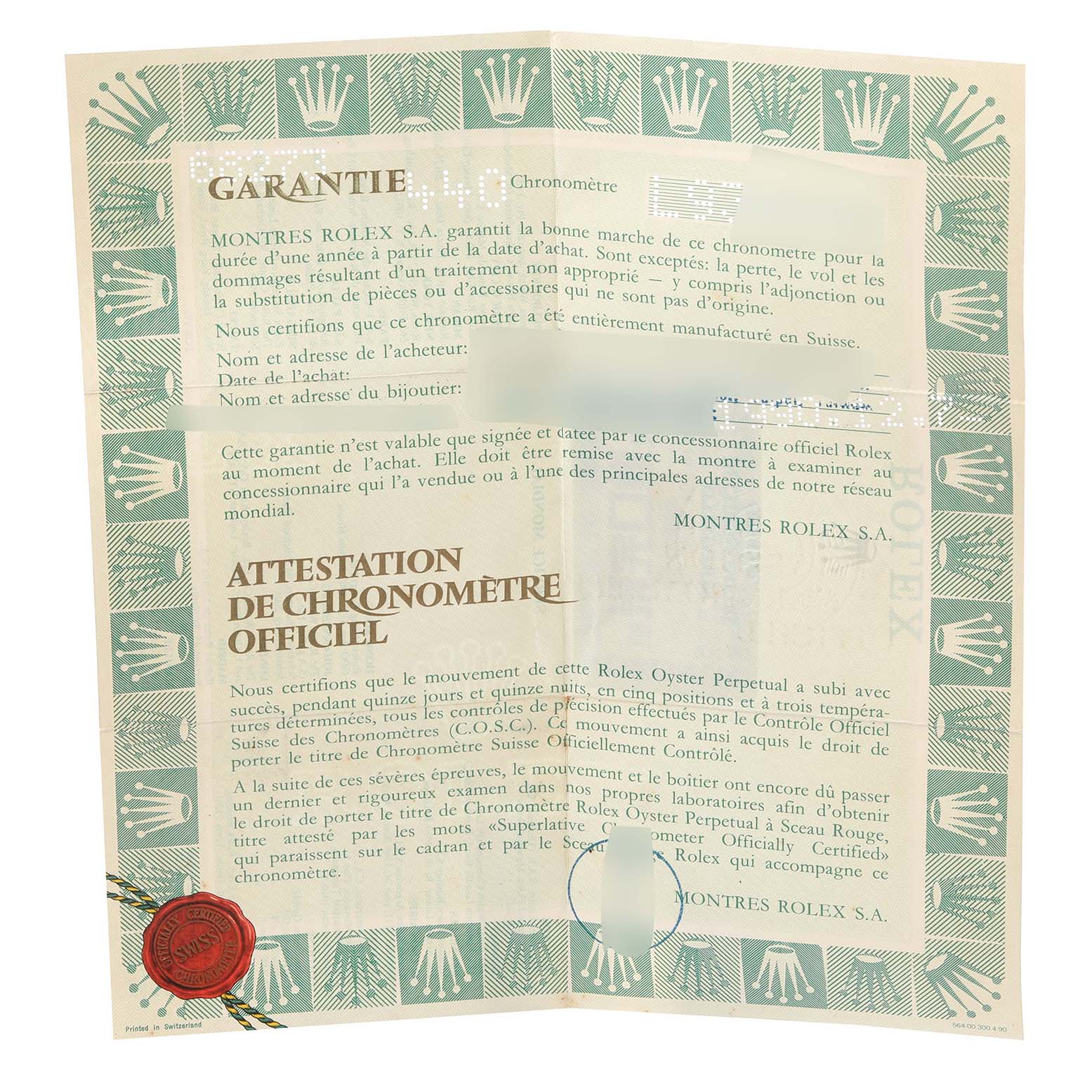 This image shows the warranty and chronometer certification documents for a Rolex Mid-Size 68273 Women's Steel and Gold (two tone) Champagne Dial 68273 Women's Steel and Gold (two tone) Champagne Dial model watch.